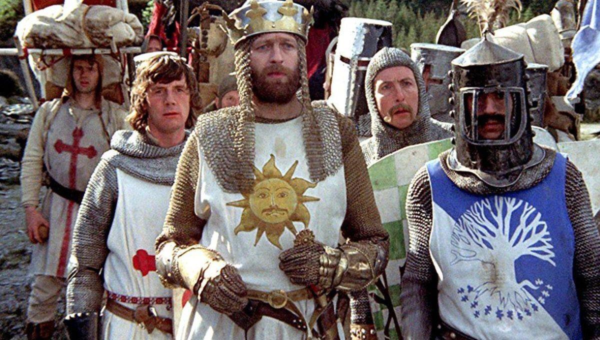 The knights on their quest - (l to r starting second from left) Michael Palin, Graham Chapman as King Arthur and Eric Idle in Monty Python and the Holy Grail (1975)