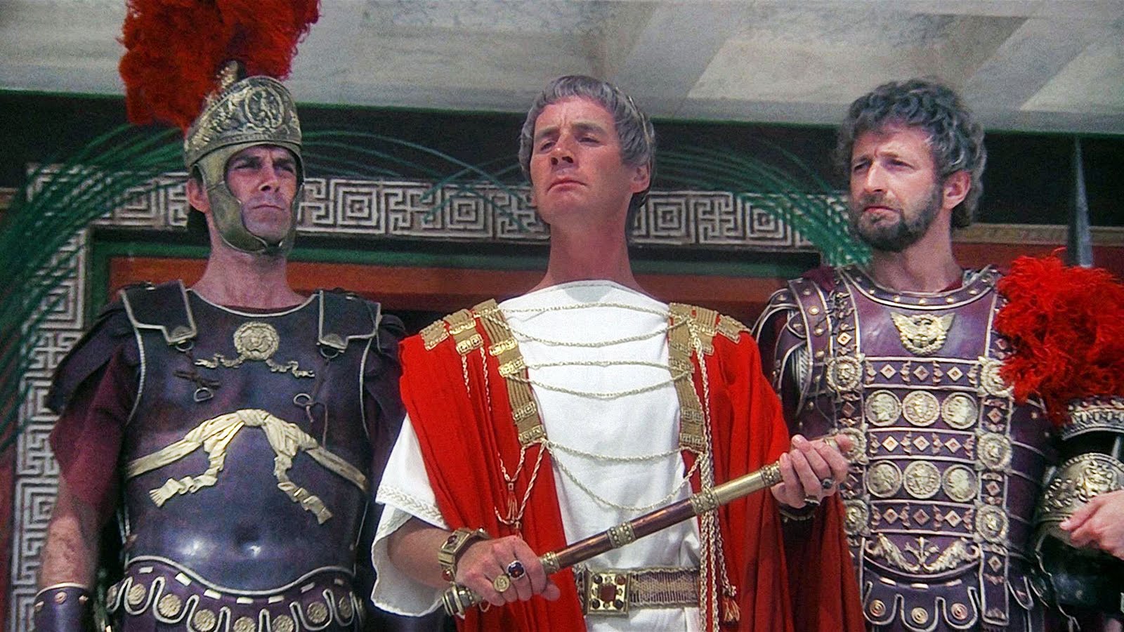 Michael Palin as Pontius Pilate (c) flanked by centurions John Cleese (l) and Graham Chapman (r) in Monty Python's The Life of Brian (1979)