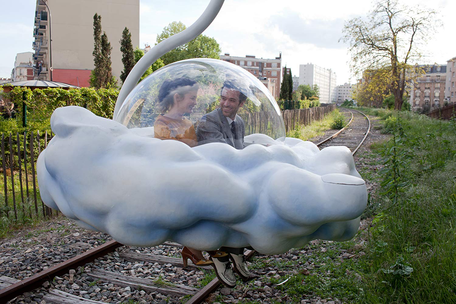 Audrey Tautou and Romain Duris go on a date flown across Paris in a bubble car in Mood Indigo (2013)