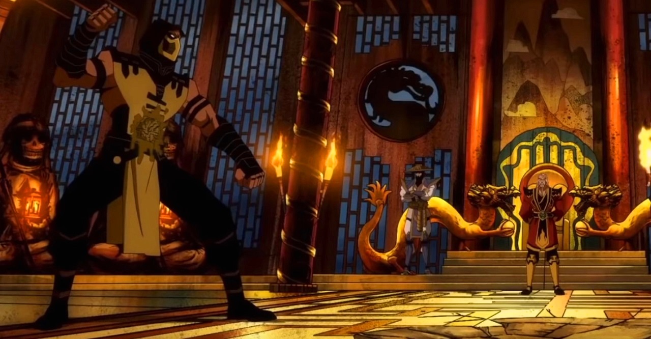 Scorpion (voiced by Patrick Seitz) shows down with Shang Tsung (voiced by Aritt Butler) in Mortal Kombat Legends: Scorpion's Revenge (2020)