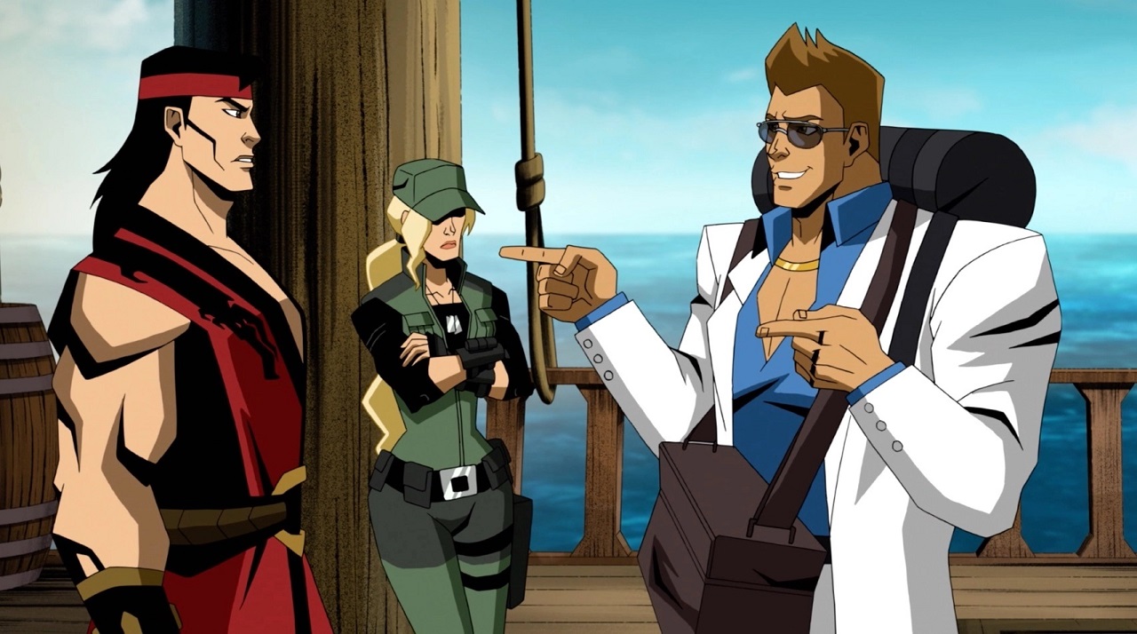 Liu Kang (voiced by Jordan Rodrigues), Sonya Blade (voiced by Jennifer Carpenter) and Johnny Cage (voiced by Joel McHale) in Mortal Kombat Legends: Scorpion's Revenge (2020)