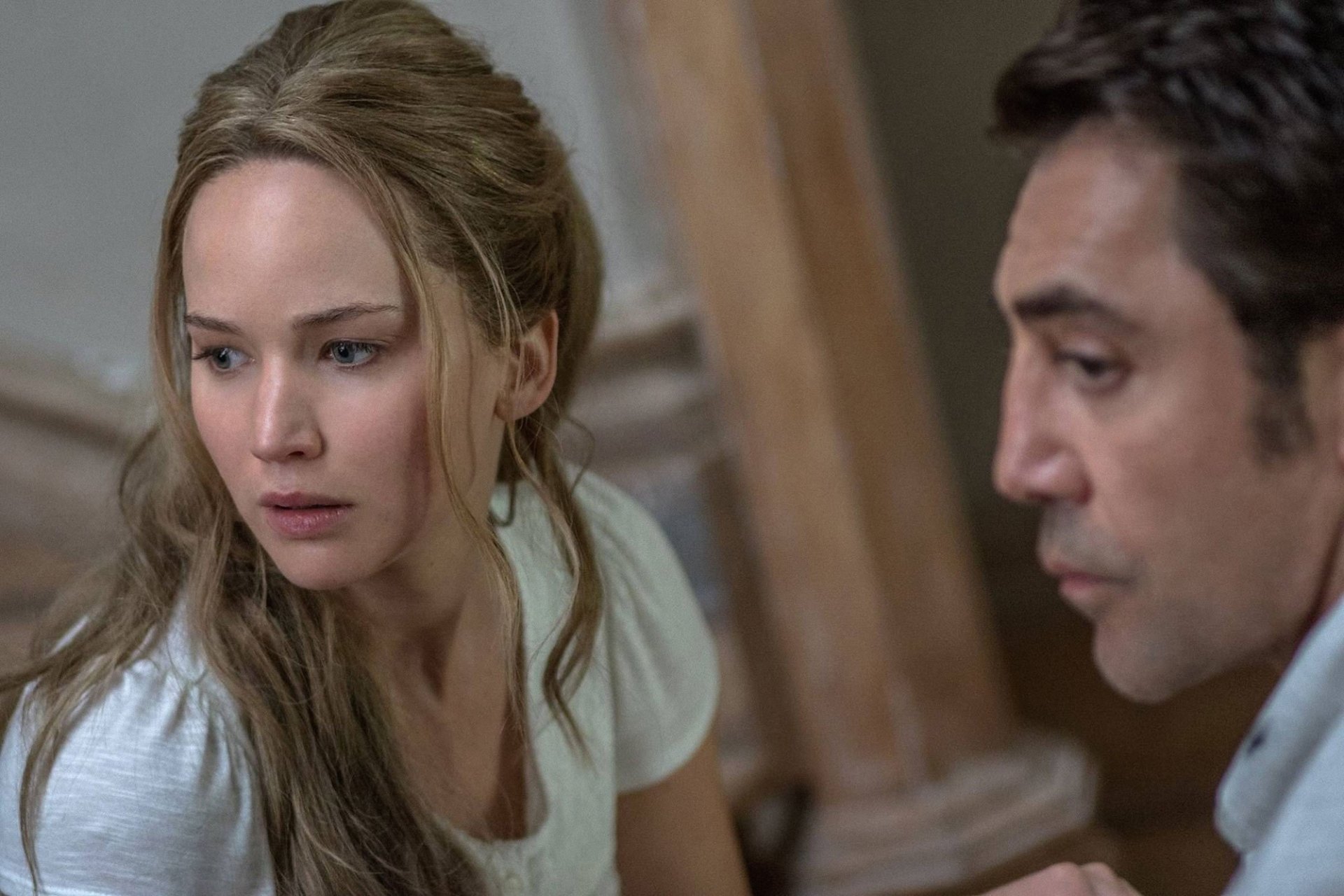 Jennifer Lawrence as Mother and Javier Bardem as Him in Mother! (2017)