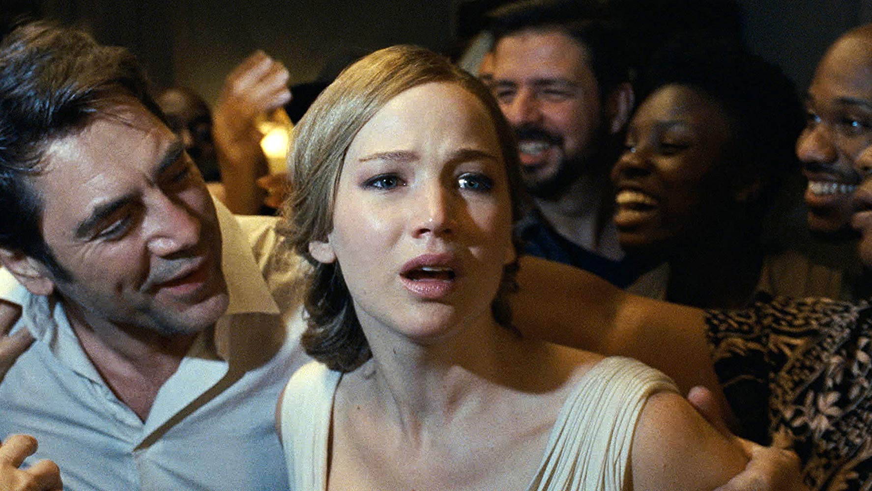 Mother (Jennifer Lawrence), increasingly distressed as crowds overrun her house in Mother! (2017)