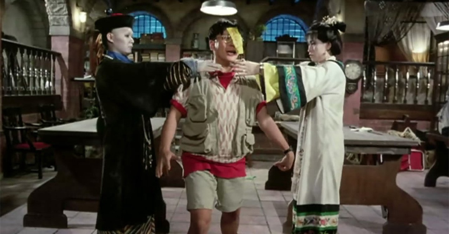 Billy Lau caught between two hopping vampires in Mr Vampire II (1986)