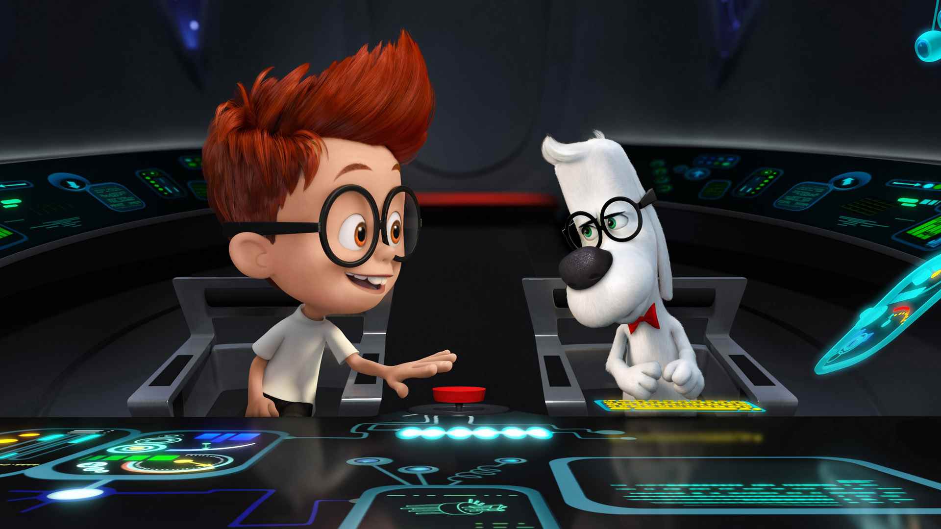 (l to r) Sherman (voiced by Max Charles) and Mr Peabody (voiced by Ty Burrell) sit at the controls of the WABAC machine in Mr. Peabody & Sherman (2014)