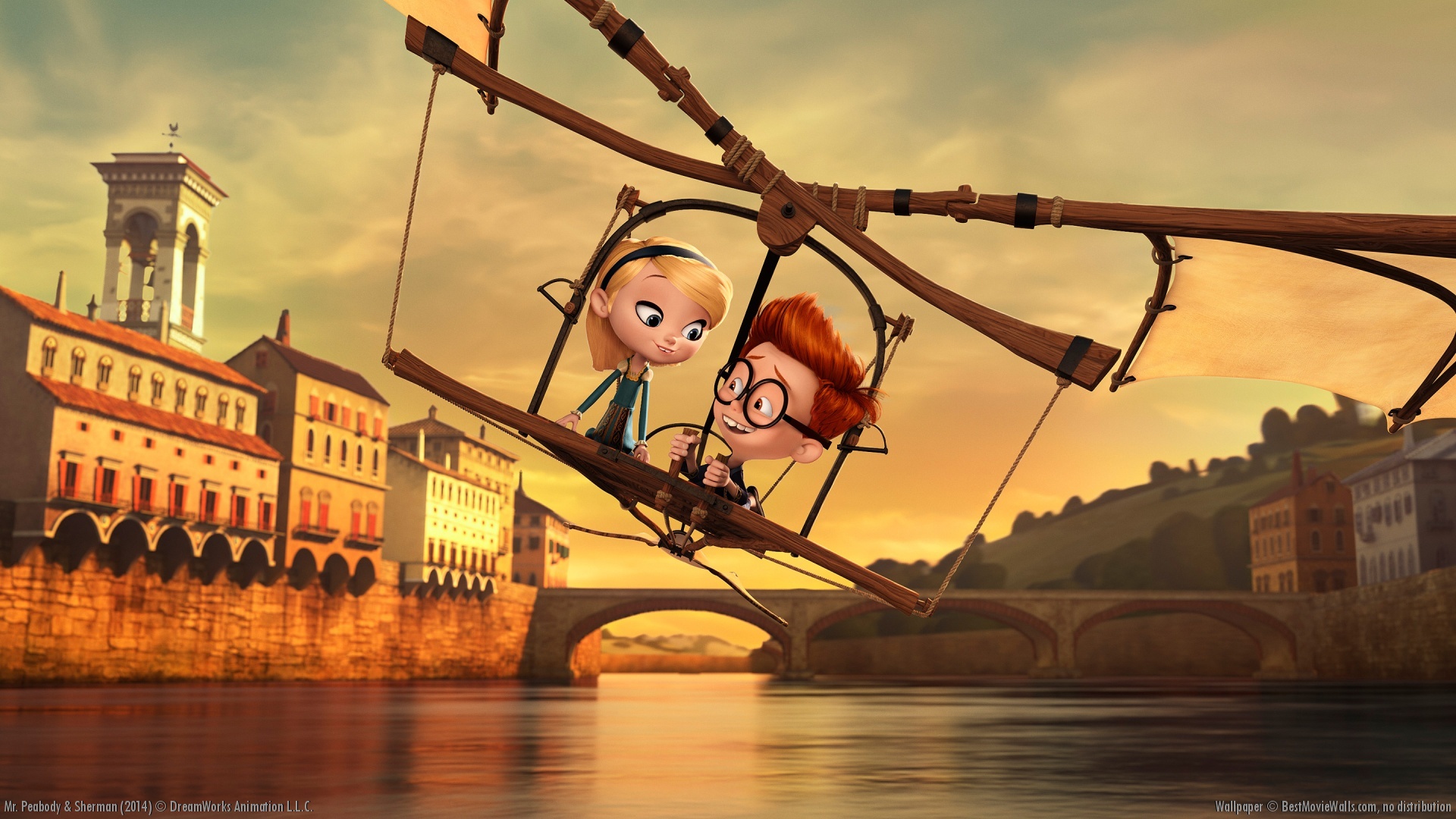 Penny (voiced by Ariel Winter) and Sherman (voiced by Max Charles) take a ride on Leonardo Da Vinci's flying machine in Mr. Peabody & Sherman (2014)