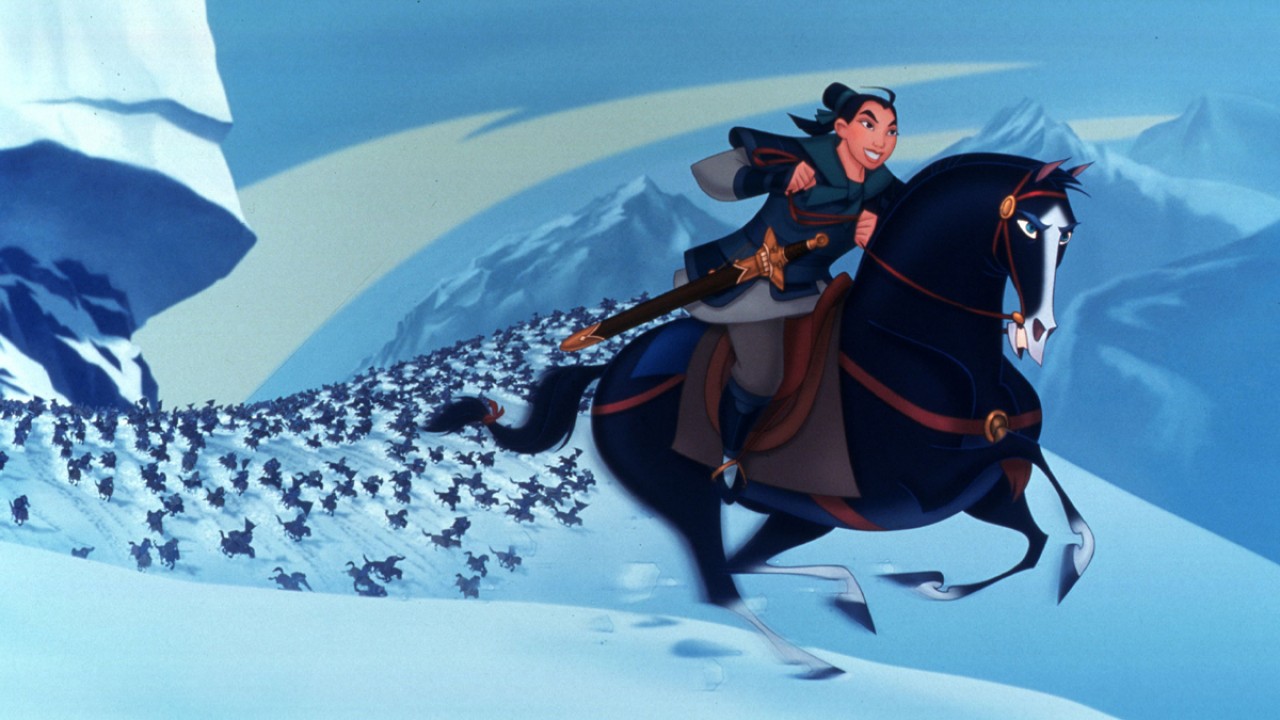 Disguised as a male, Mulan (voiced by Ming-Na Wen) leads the army into battle in Mulan (1998)