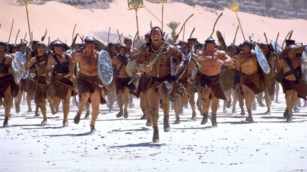 WWE wrestler The Rock (later better known as Dwayne Johnson) leads his army as The Scorpion King in The Mummy Returns (2001)