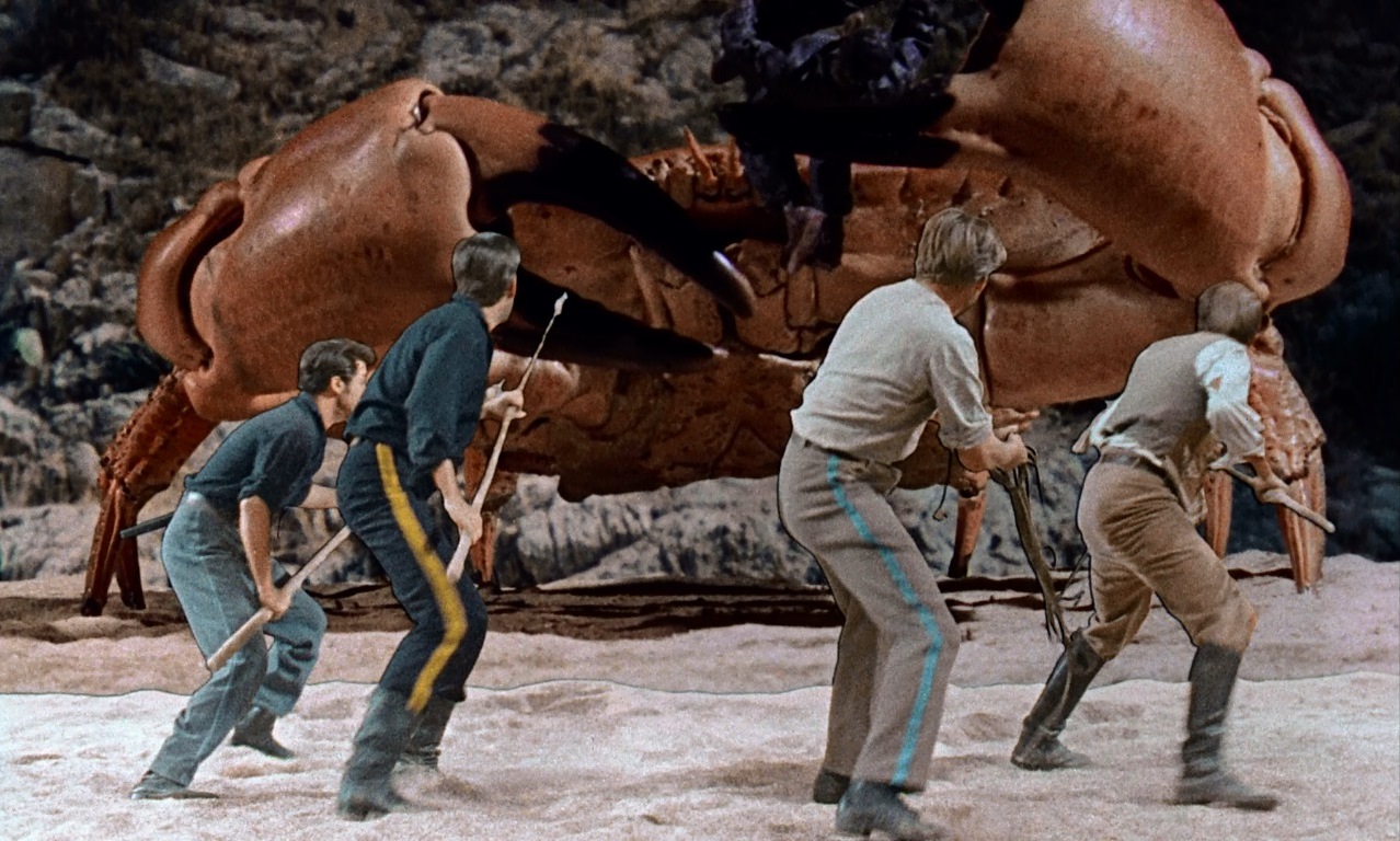 Desert island castaways vs a giant crab in Mysterious Island (1961)