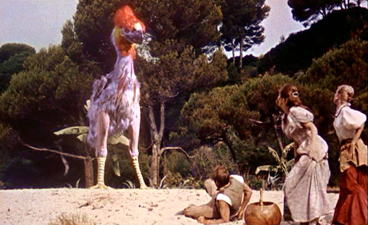 The desert island castaways encounter a giant chicken (a prehistoric Phoracos according to Ray Harryhausen) in Mysterious Island (1961)