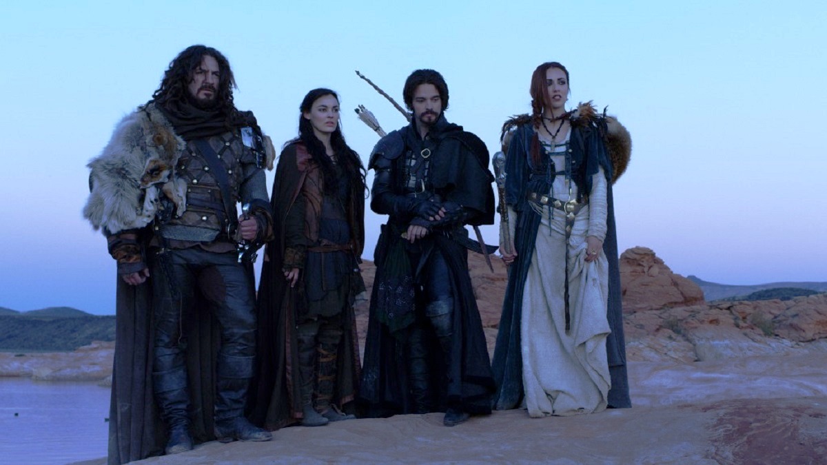 (l to r) The warrior Thane (Adam Johnson), the slave girl/magic user Marek (Melanie Stone), the thief Dagen (Jake Stormoen) and the priestess Teela (Nicola Poesner) in Mythica: A Quest for Heroes (2014)