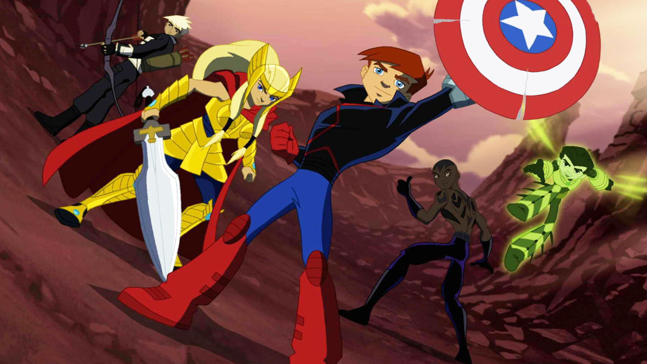 The Avengers' kids - (l to r) Hawkeye's son Francis, Thor’s daughter Torunn, Captain America and Black Widow’s son James, Black Panther’s son Azari and Ant-Man's son Pym in Next Avengers: Heroes of Tomorrow (2008)