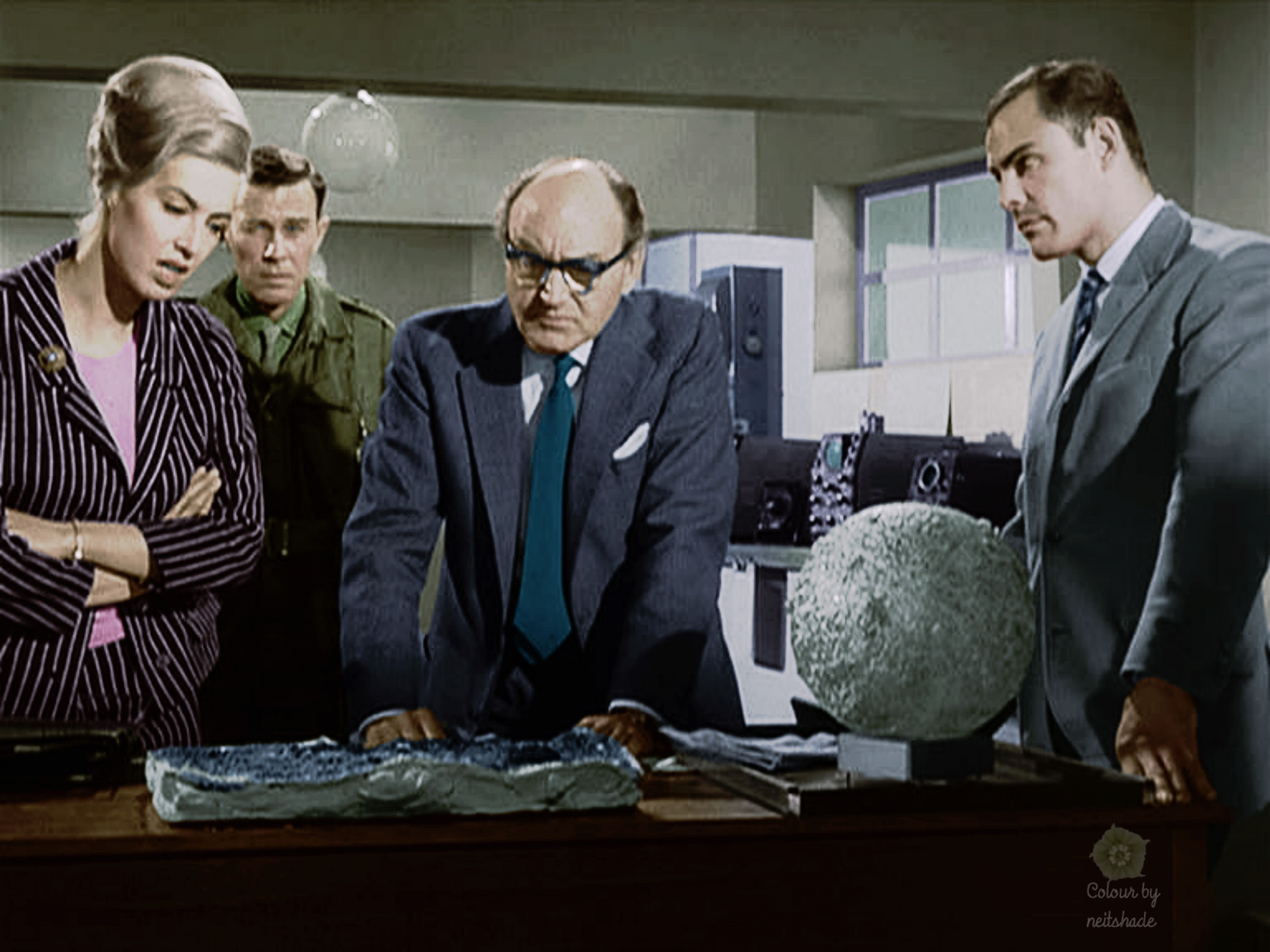 (l to r) Patricia Haines, John Carson, Maurice Danham and John Saxon in The Night Caller (1965)