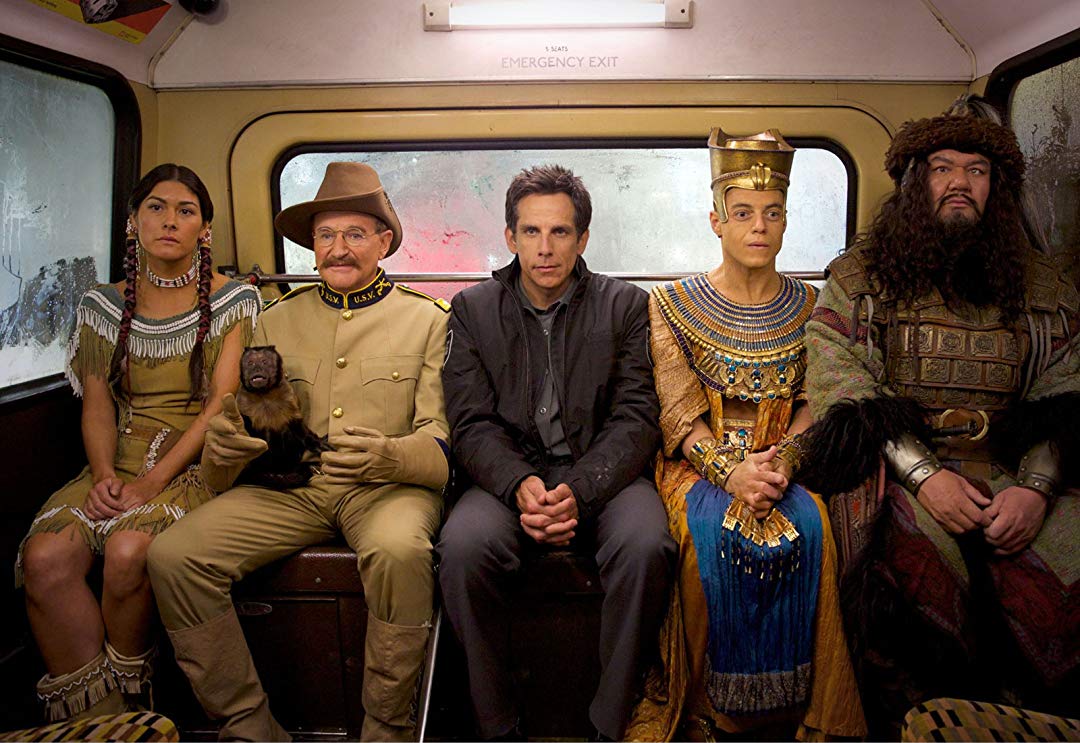 Sacajewa (Mizuo Peck), Teddy Roosevelt (Robin Williams), Larry Daley (Ben Stiller), Akmenrah (Rami Malek) and Attila the Hun (Patrick Gallagher) in Night at the Museum: Secret of the Tomb (2014)