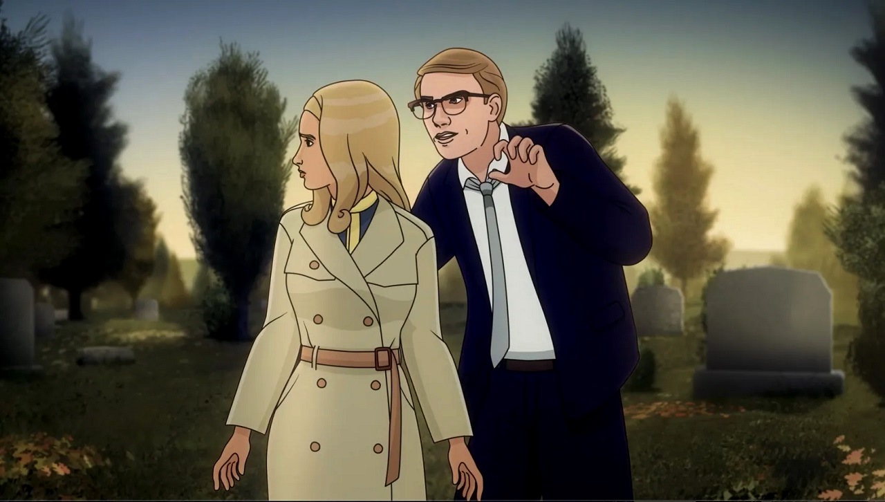 Barbara (Katharine Isabelle) and Johnny (Jimmi Simpson) at the graveyard in Night of the Animated Dead (2021)