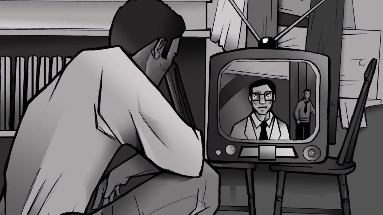 Ben watches news out of the outbreak on tv animated recreation in Night of the Living Dead Reanimated (2009)