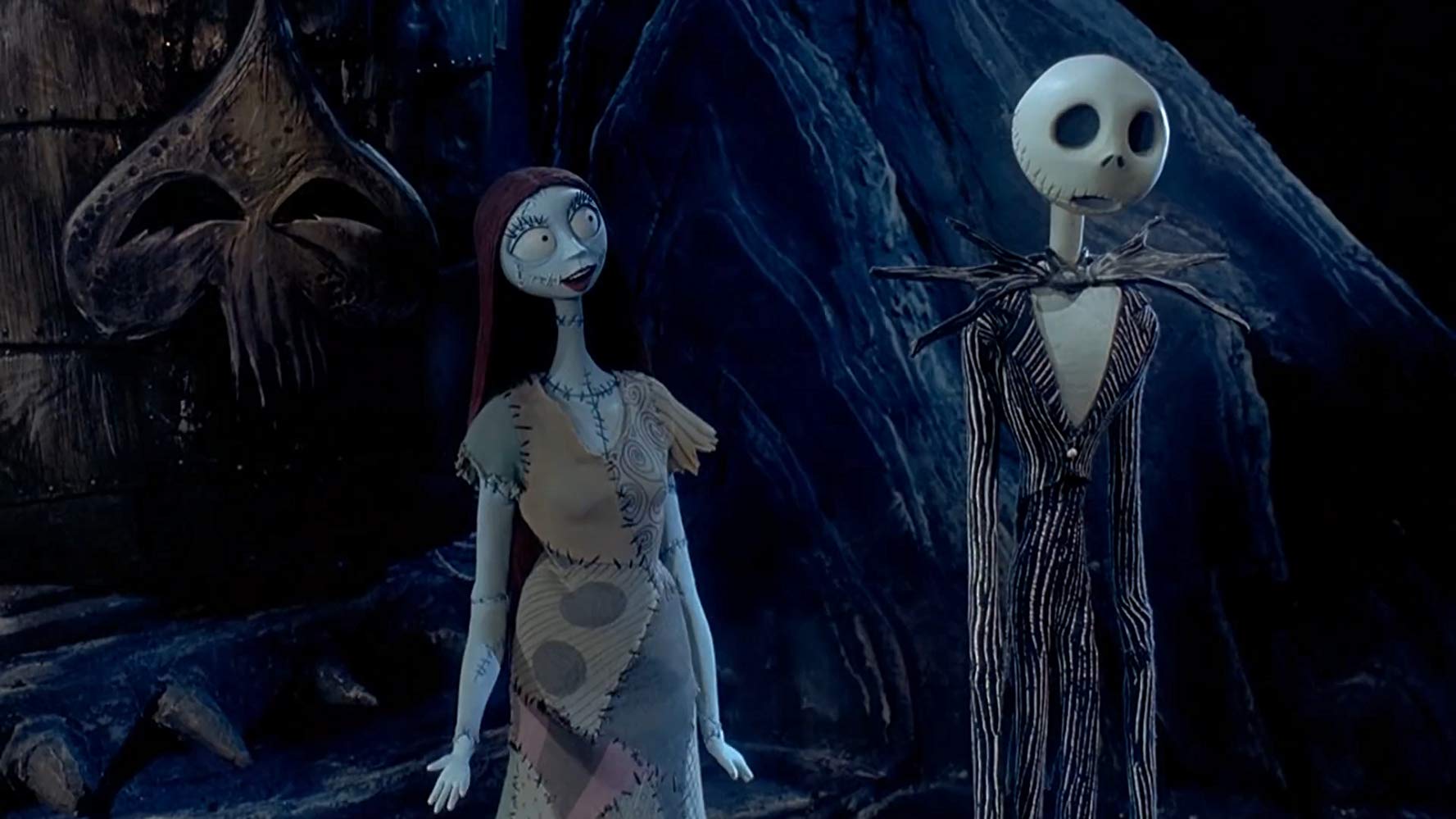 Jack Skellington (voiced by Chris Sarandon) and Sally (voiced by Catherine O'Hara) in The Nightmare Before Christmas (1993)