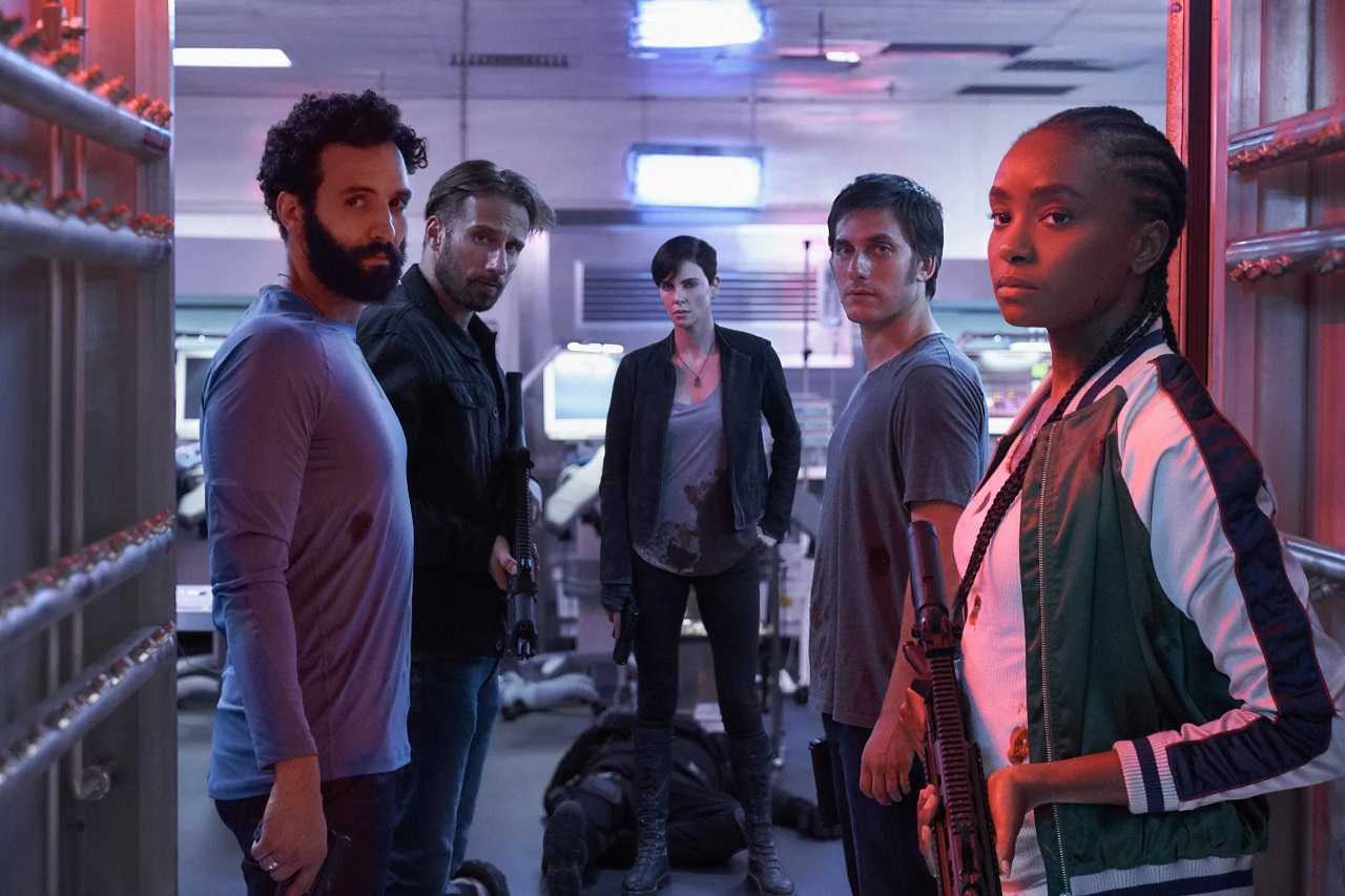 Joe (Marwan Kenzari), Booker (Matthias Schoenaerts), Andy (Charlize Theron), Nicky (Luca Marinelli) and Nile (Kiki Lane) in The Old Guard (2020)