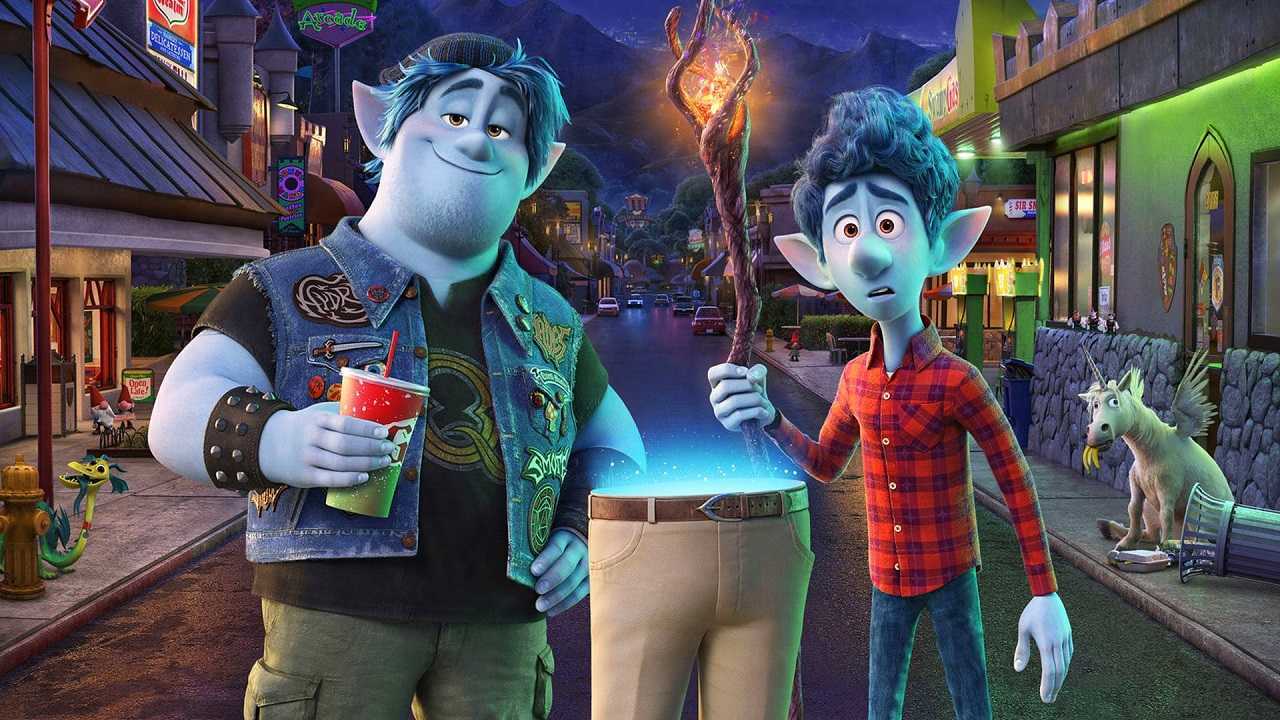 Brothers Barley (voiced by Chris Pratt) and Ian (voiced by Tom Holland) along with their father's resurrected legs in Onward (2020)