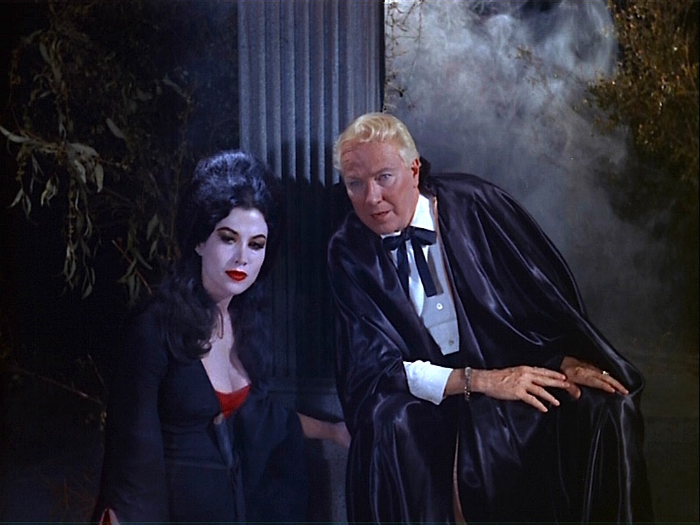 The Emperor of the Night (Criswell) and The Black Ghoul (Fawn Silver) preside over the graveyard in Orgy of the Dead (1965)