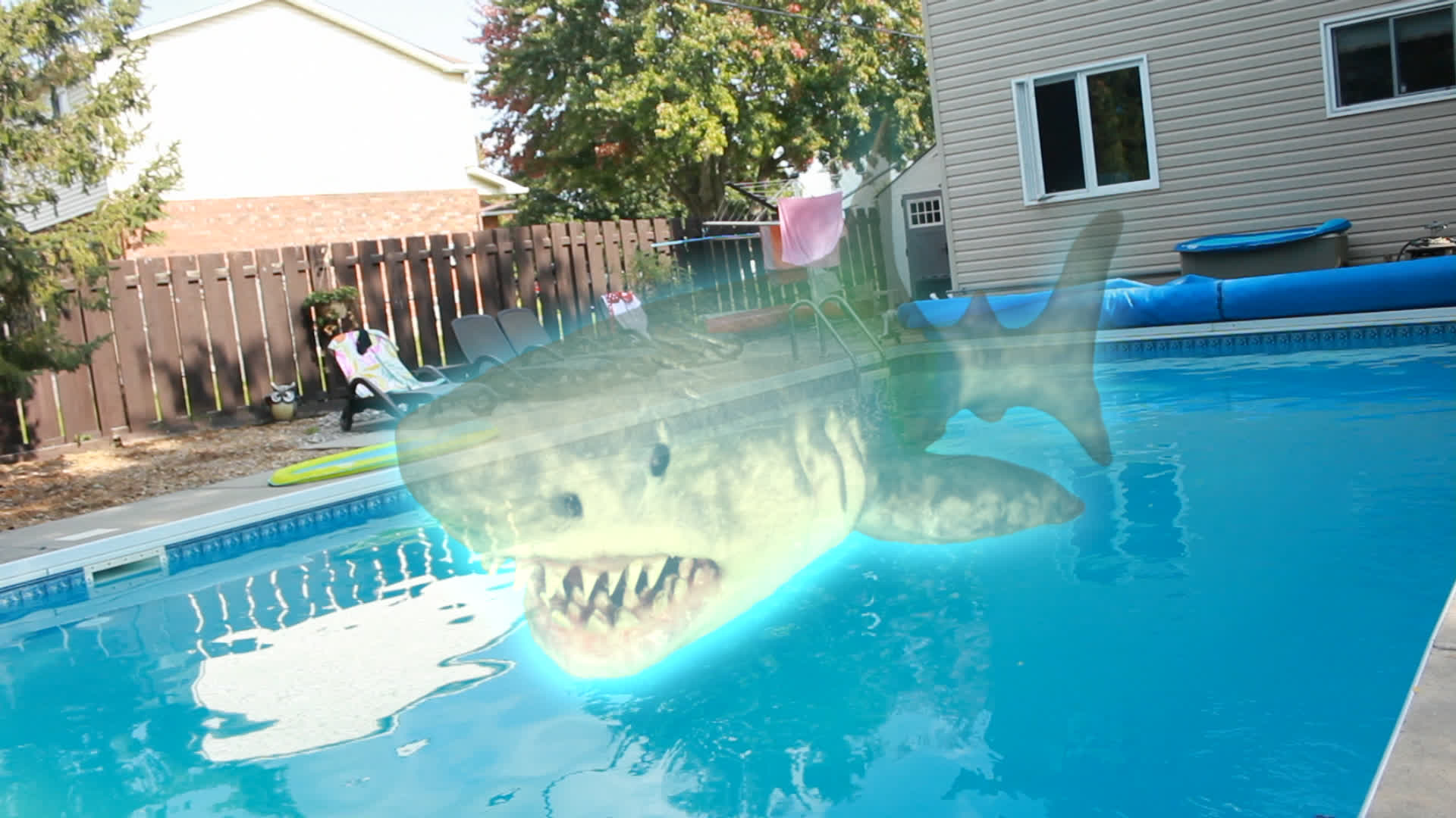 The ghost killer shark hovers above the swimming pool in Ouija Shark (2020)