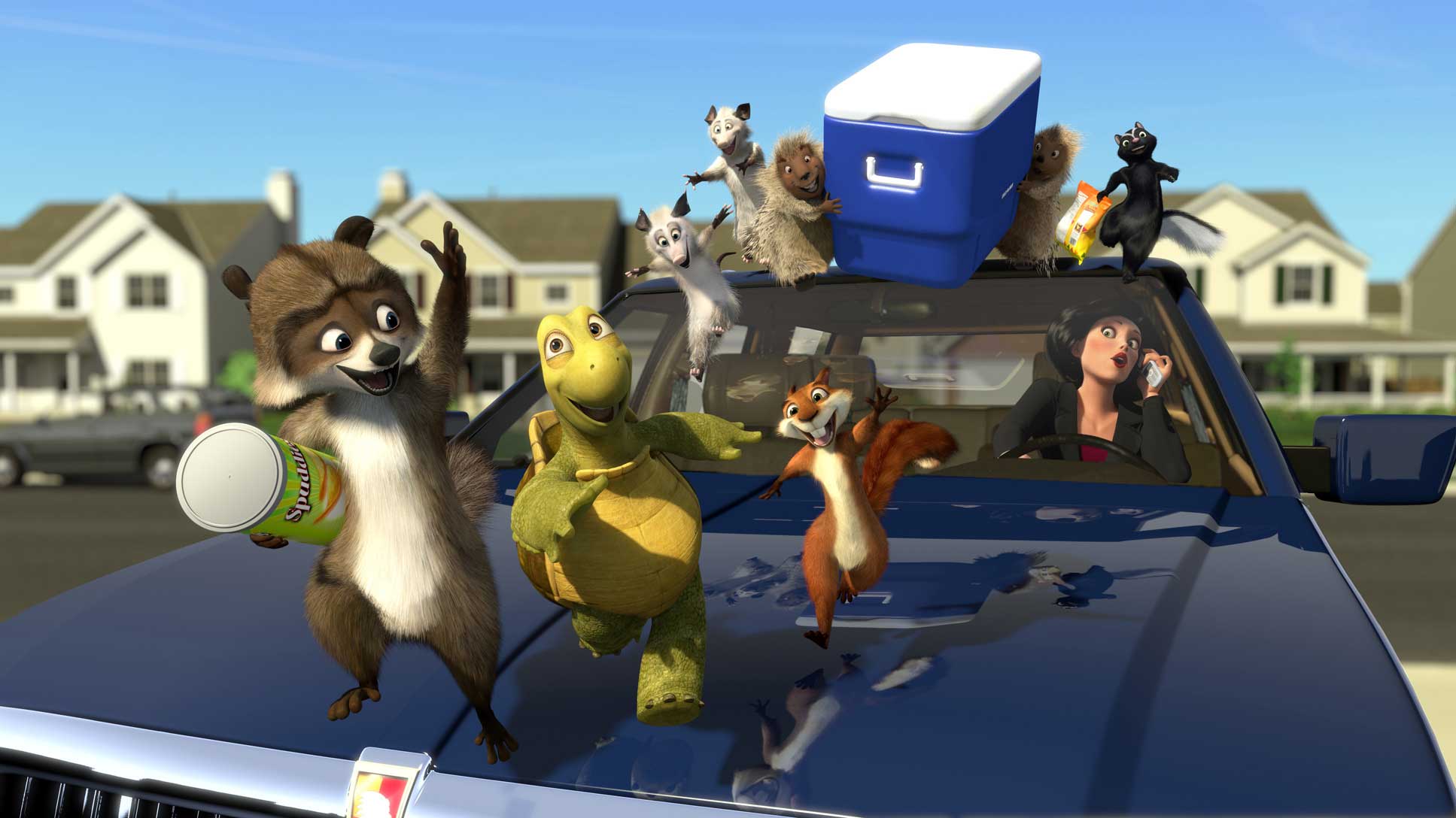 The animals conduct a raid on the housing estate in Over the Hedge (2006)