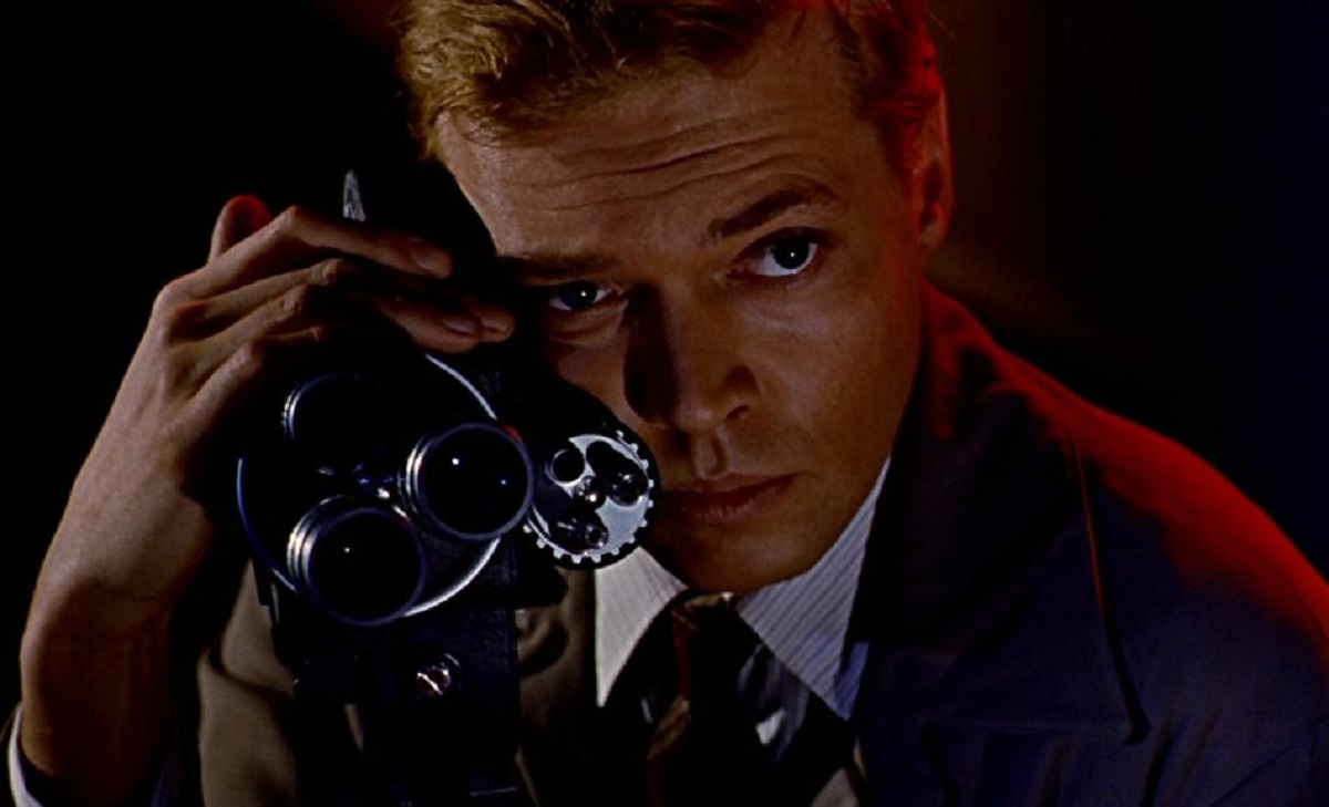 Mark Lewis (Carl Boehm) with his 16mm camera in Peeping Tom (1960)