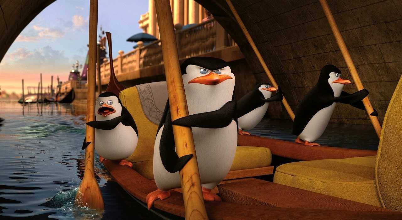 The penguins in action in the canals of Venice in Penguins of Madagascar (2014)