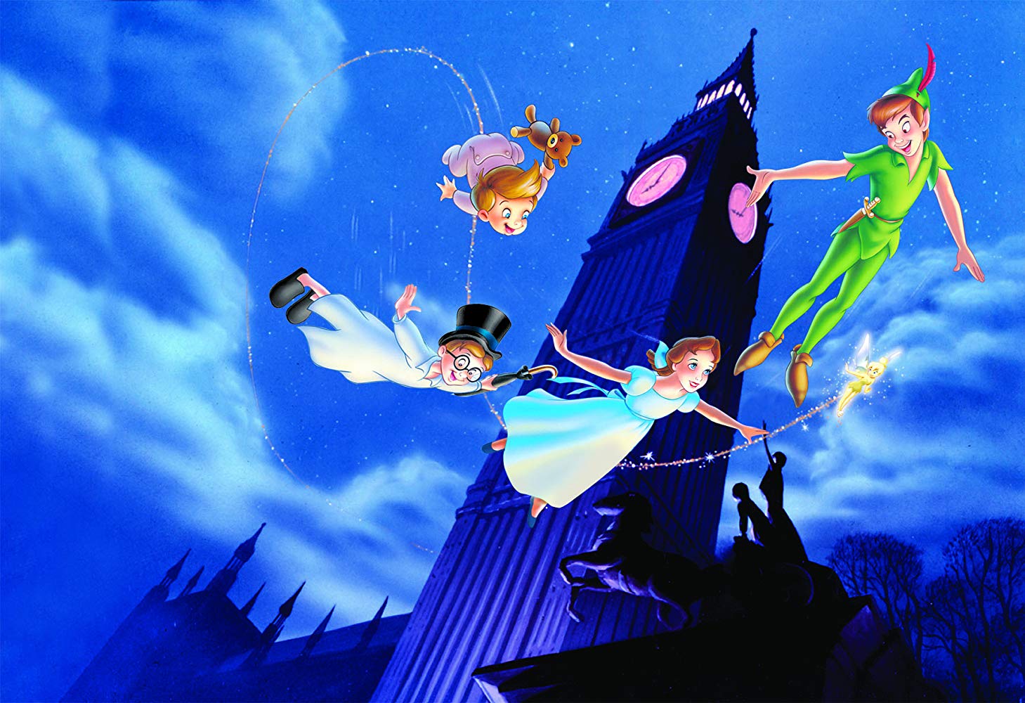 (clockwise from right) Peter Pan flies off to never Never Land accompanied by Tinkerbell, Wendy and her brothers John and Michael in Peter Pan (1953)