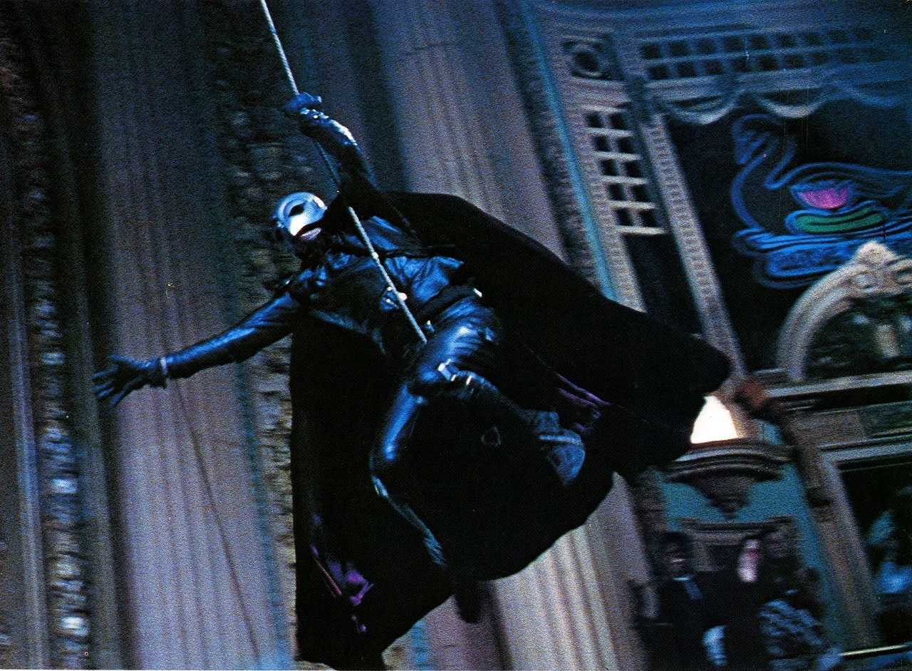 The Phantom (William Finley) swings across the auditorium in The Phantom of the Paradise (1974)