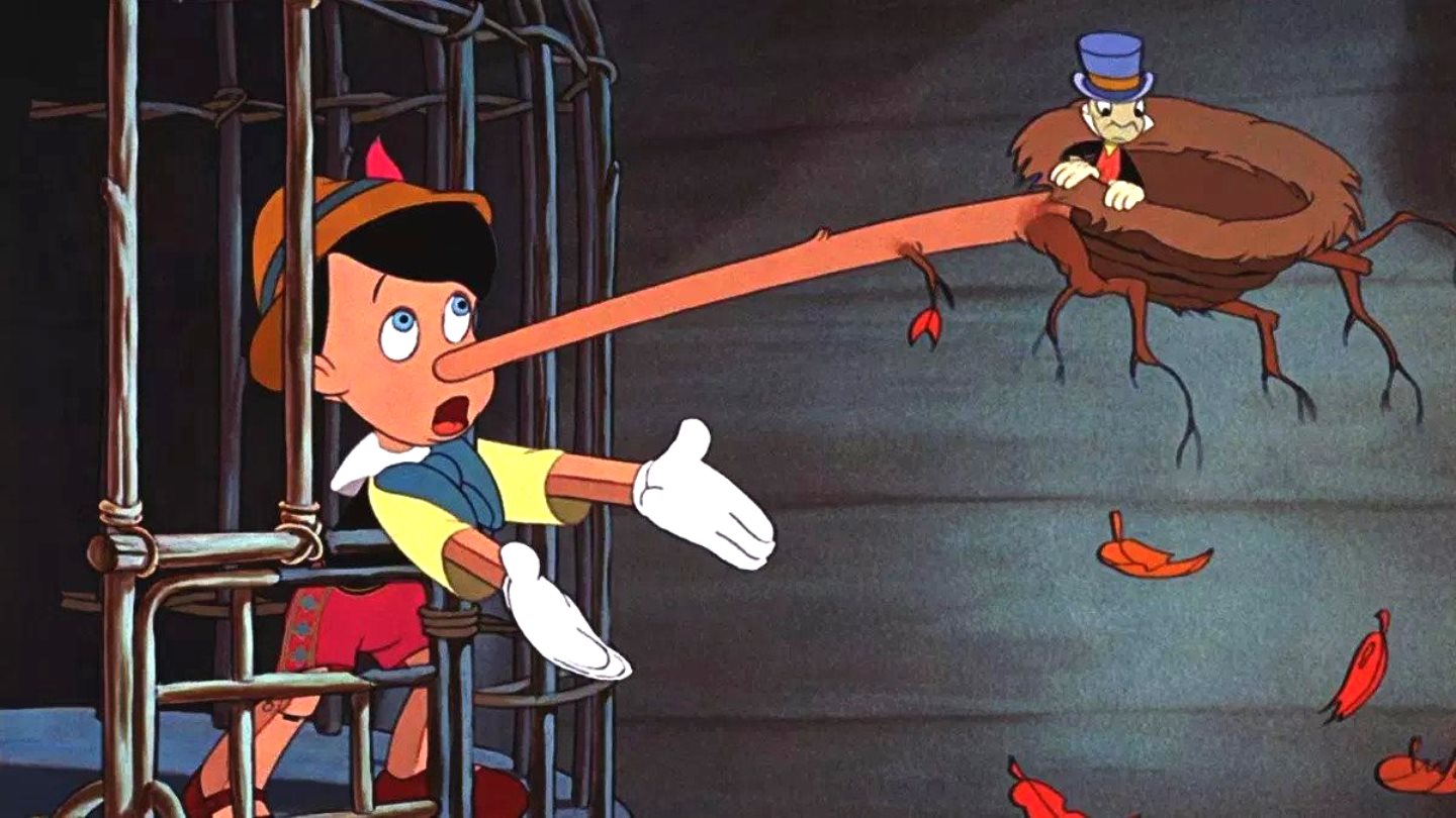 Pinocchio's nose starts growing after he tells a lie. With Jiminy Cricket on the end in Pinocchio (1940)