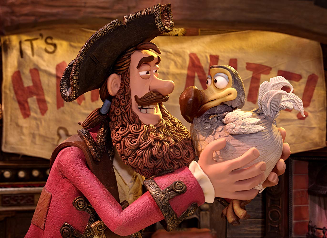 The Pirate Captain (voiced by Hugh Grant) and Polly the dodo in The Pirates Band of Misfits (2012)