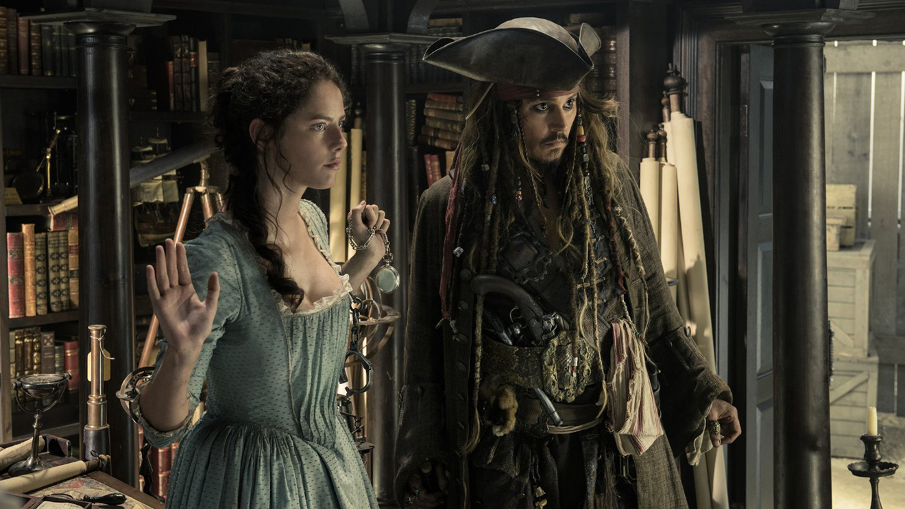 Captain Jack Sparrow (Johnny Depp) and Carina Smyth (Kaya Scodelario) in Pirates of the Caribbean: Dead Men Tell No Tales (2017)