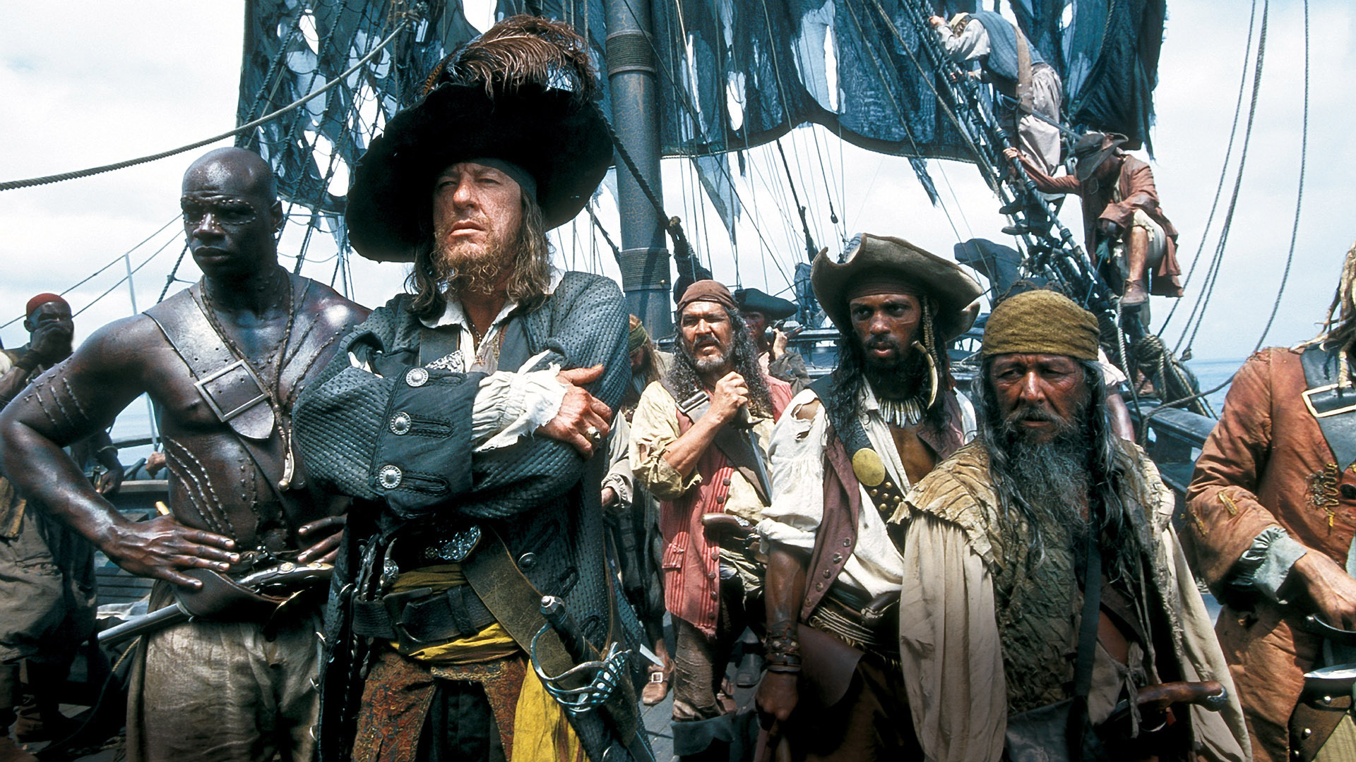 Captain Barbossa (Geoffrey Rush) and his crew of cursed pirates in Pirates of the Caribbean: The Curse of the Black Pearl (2003)