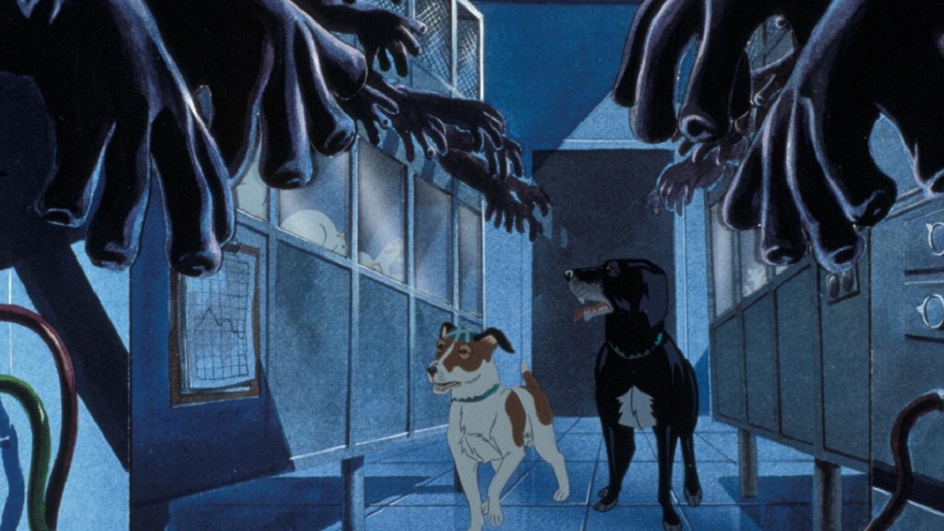 (l to r) Snitter and Rowf get free in the laboratory in The Plague Dogs (1982)