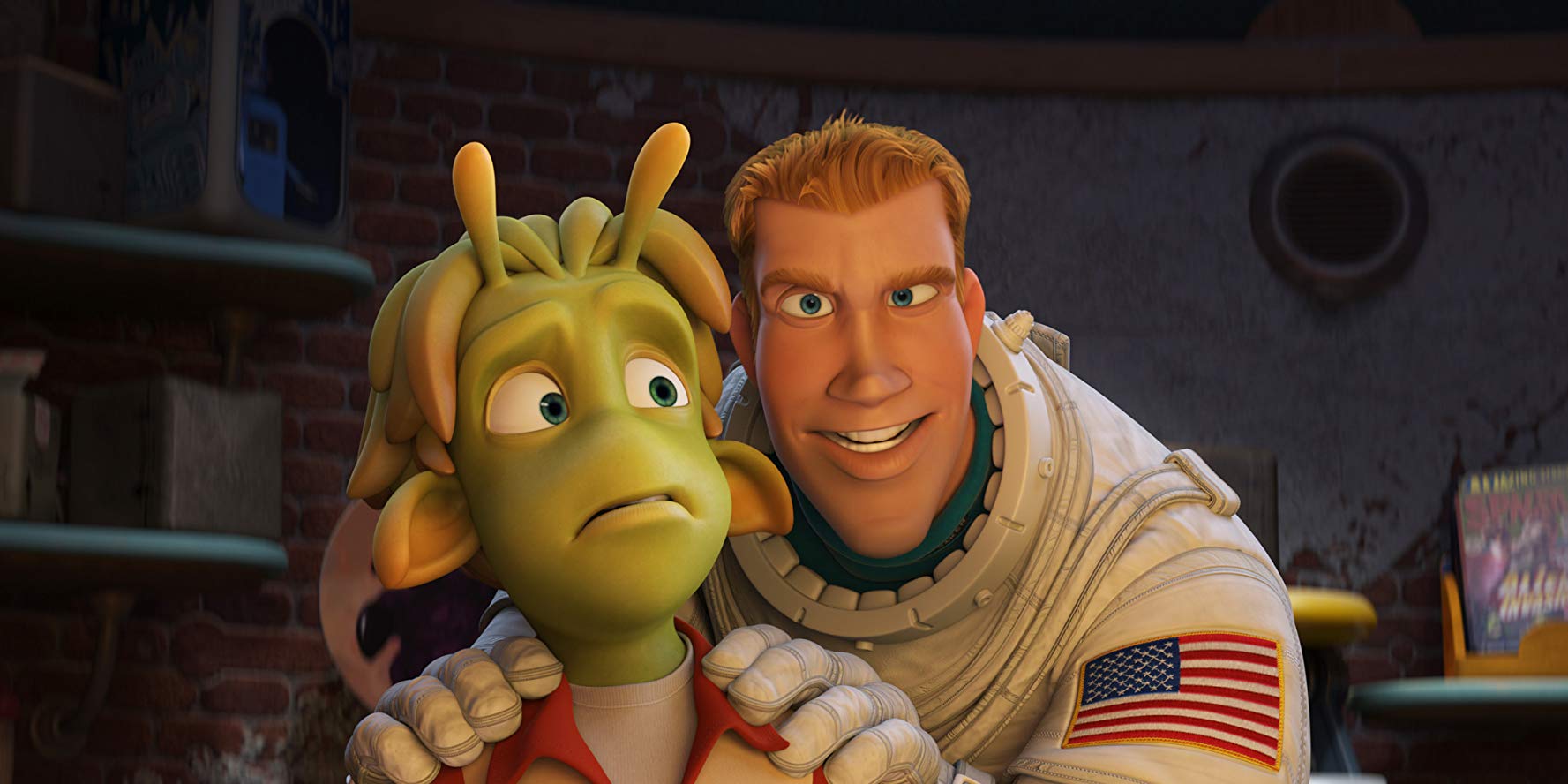Human astronaut Chuck Baker (voiced by Dwayne Johnson) and his alien friend Lem (voiced by Justin Long) in Planet 51 (2009)