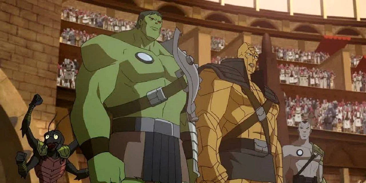 In the arena on Sarkaar - Miek, Hulk, Korg and Hiroim in Planet Hulk (2010)