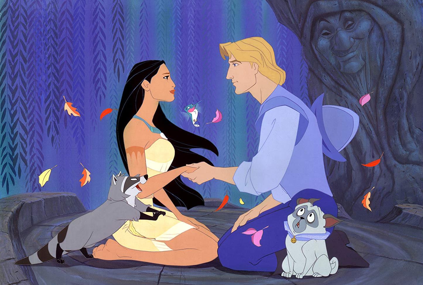 Romance between Pocahontas (voiced by Irene Bedard) and John Smith (voiced by Mel Gibson) in Pocahontas (1995) - a considerable liberalisation of the historical truth