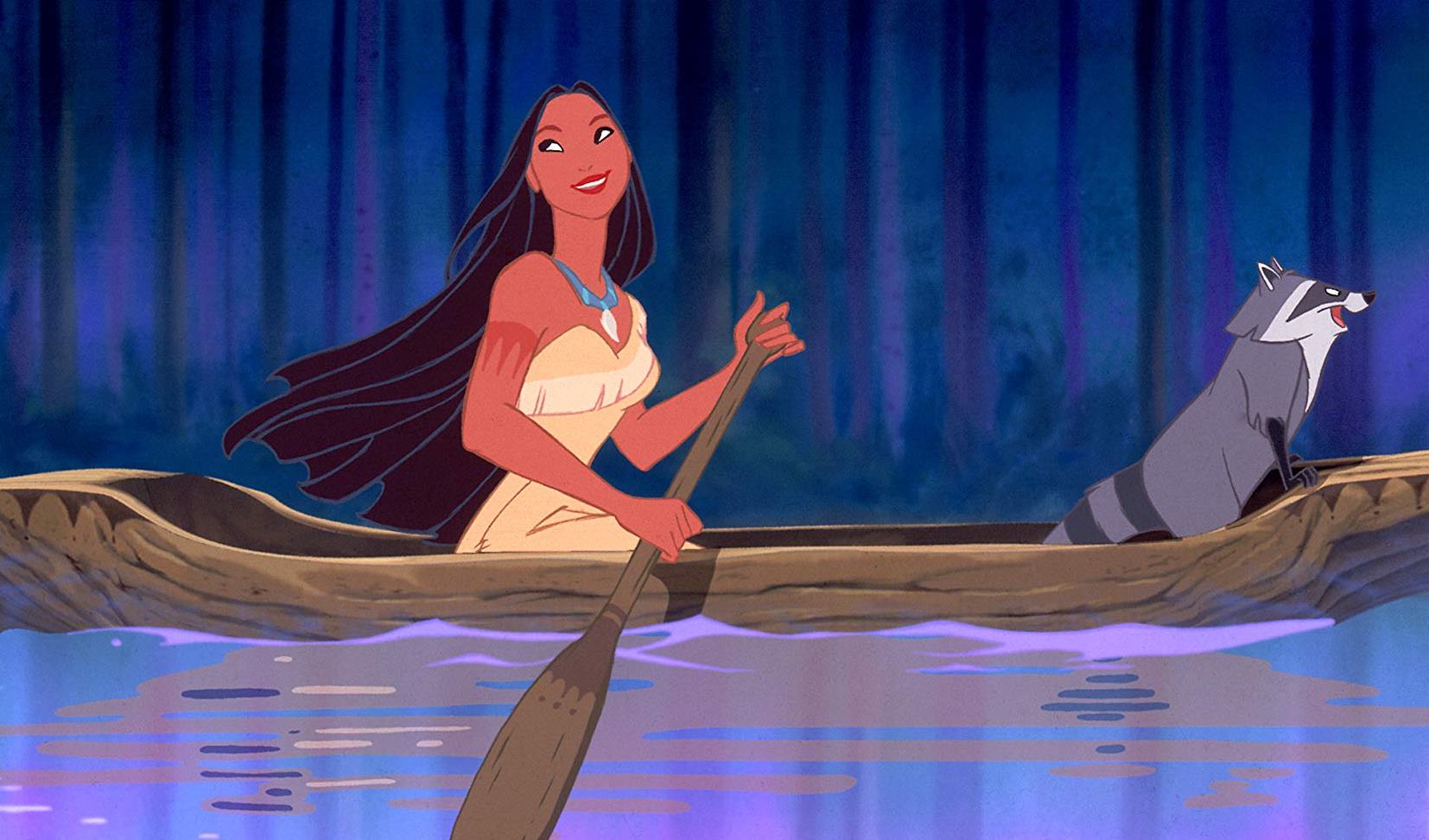 Pocahontas (voiced by Irene Bedard) and Meeko the racoon (voiced by John Kassir) in her canoe in Pocahontas (1995)