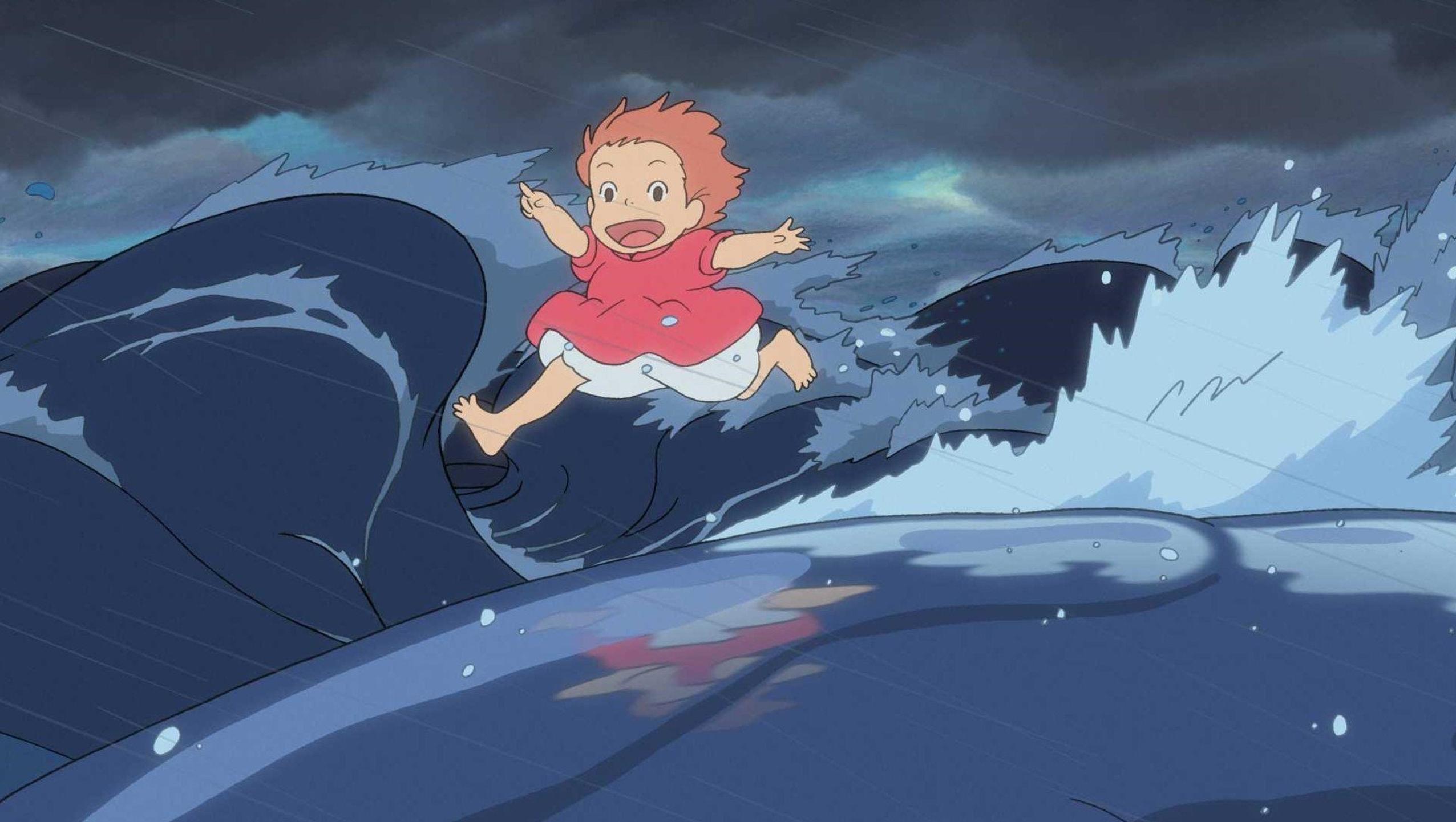 Ponyo runs across the waves in Ponyo on a Cliff By the Sea (2008)