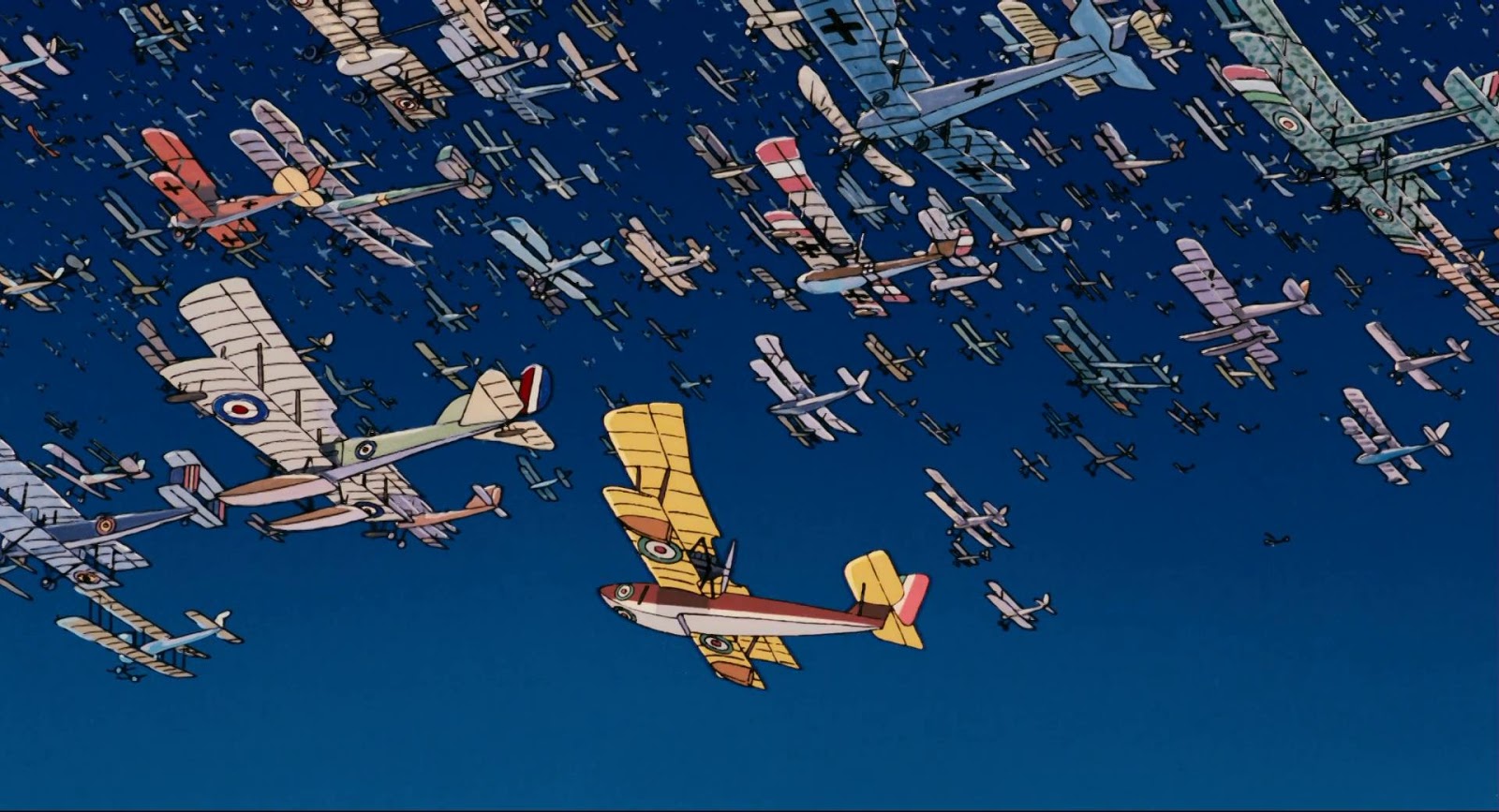 Porco flies up into the band made up of the planes of downed fliers in Porco Rosso (1992)