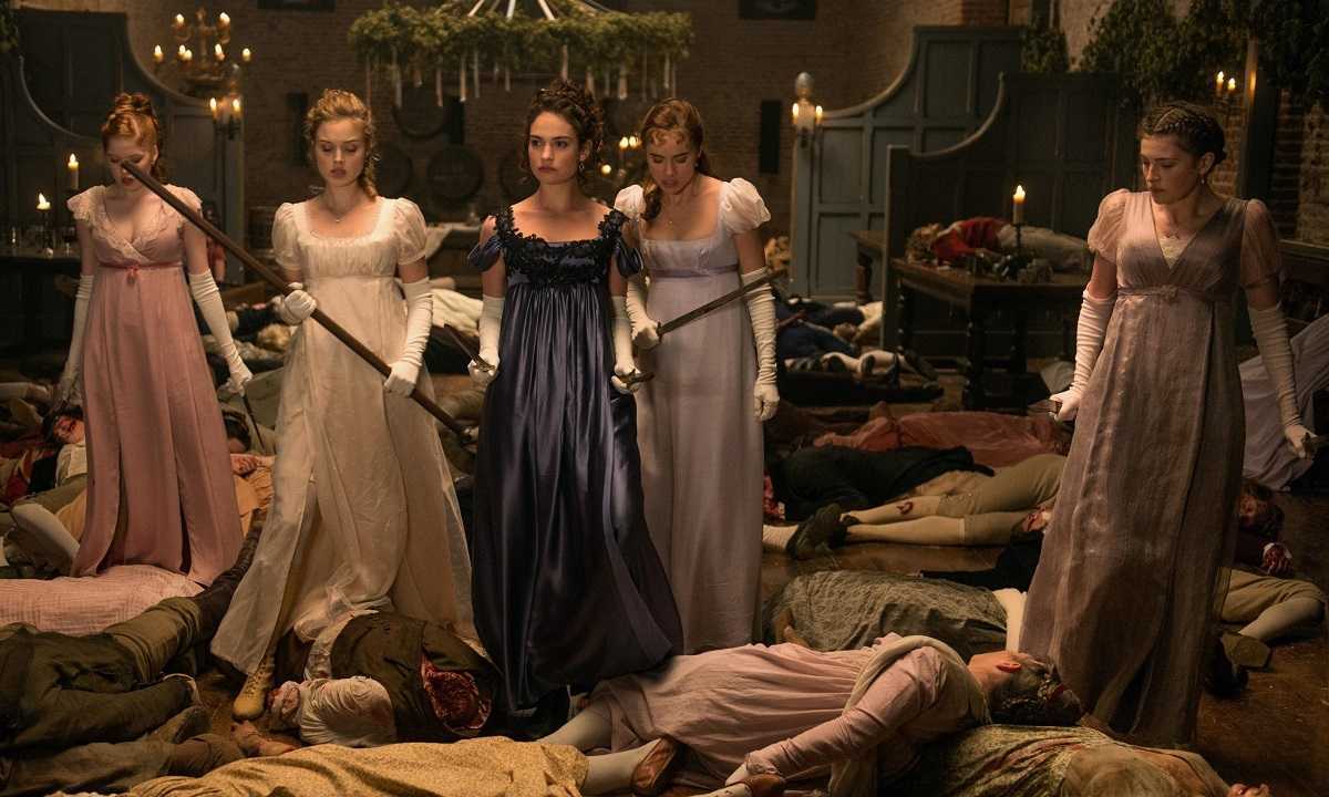 The Bennet sisters sort out the zombies with extreme pride and prejudice - (l to r) Ella Bamber, Bella Heathcote, Lily James, Suki Waterhouse, Millie Brady in Pride and Prejudice and Zombies (2016)