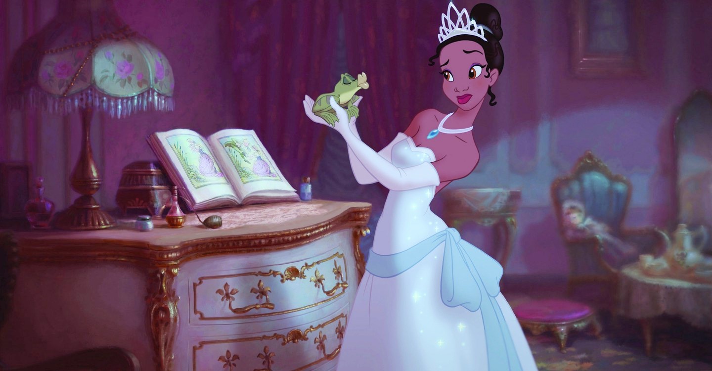 Tiana (voiced by Anika Noni Rose) and Naveen the frog (voiced by Bruno Campos) in The Princess and the Frog (2009)