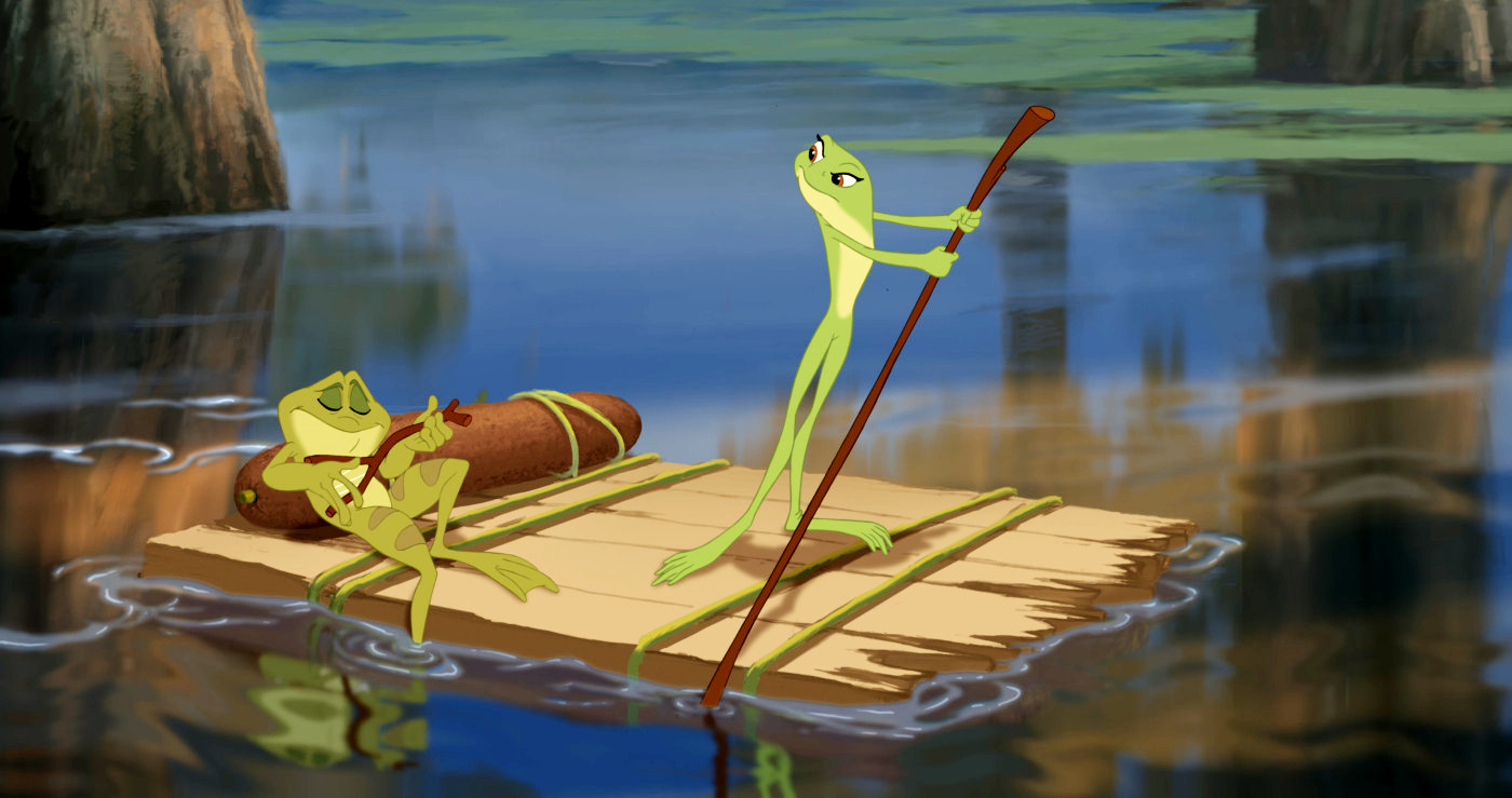 The frog-transformed Naveen (voiced by Bruno Campos) and Tiana (voiced by Anika Noni Rose) journey through the bayous in The Princess and the Frog (2009)