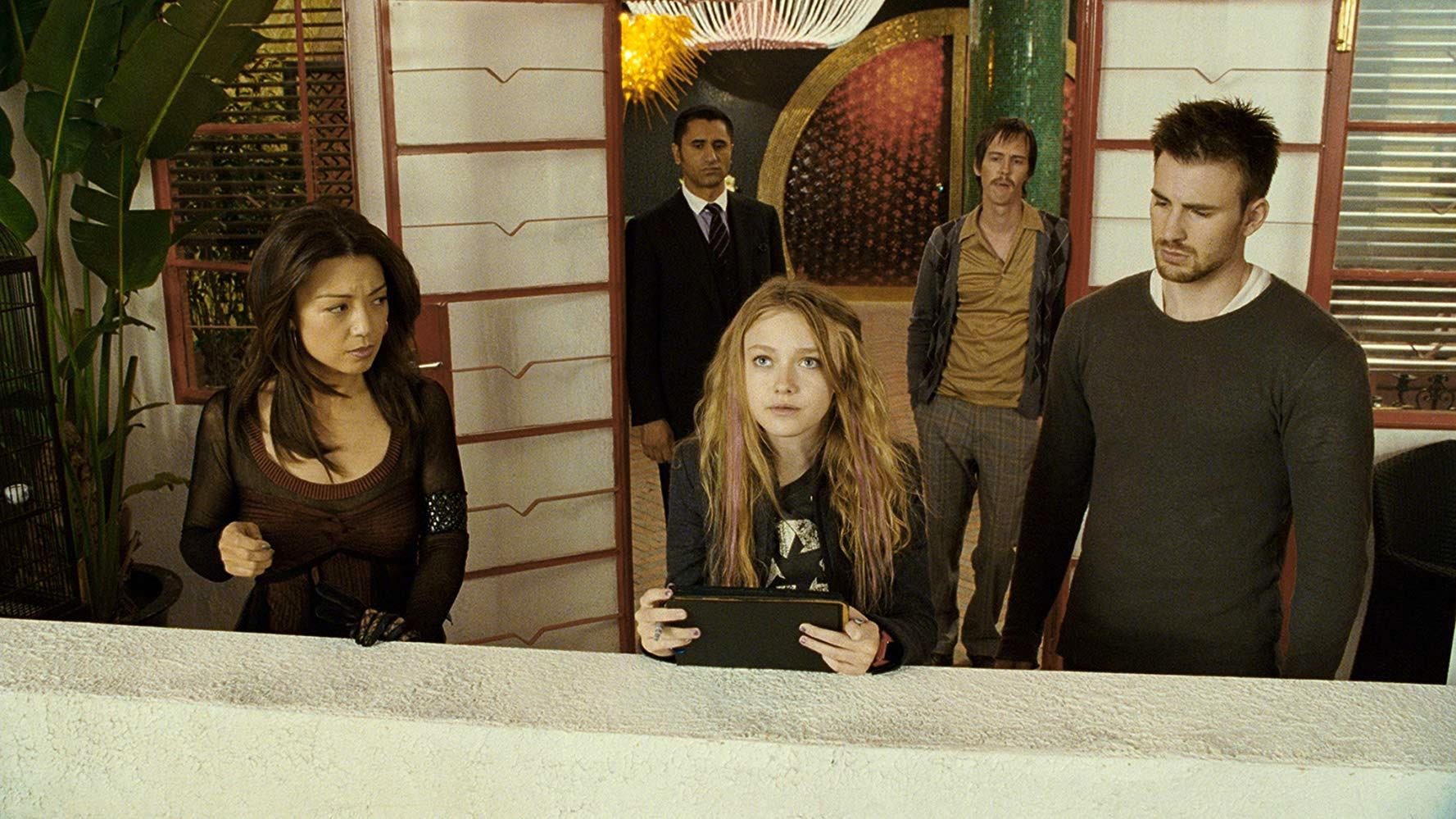 Hatching the scheme - (l to r) (front) Ming-Na, Dakota Fanning and Chris Evans; (back) Cliff Curtis and Nate Mooney in Push (2009)