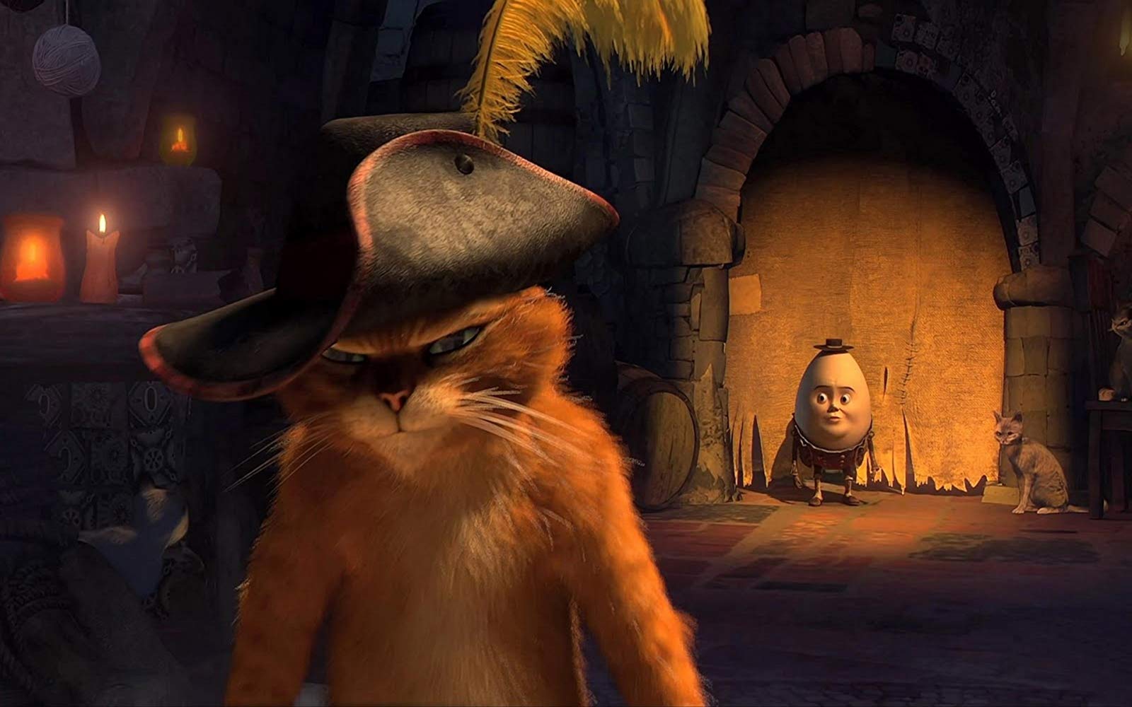 Puss in Boots (voiced by Antonio Banderas) with Humpty Dumpty (voiced by Zach Galifianakis) in the background in Puss in Boots (2011)