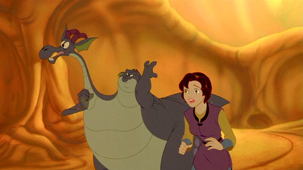 Kayley (voiced by Jessalyn Gilsig) with the two-headed dragon (voiced by Eric Idle and Don Rickles) in Quest for Camelot (1998)