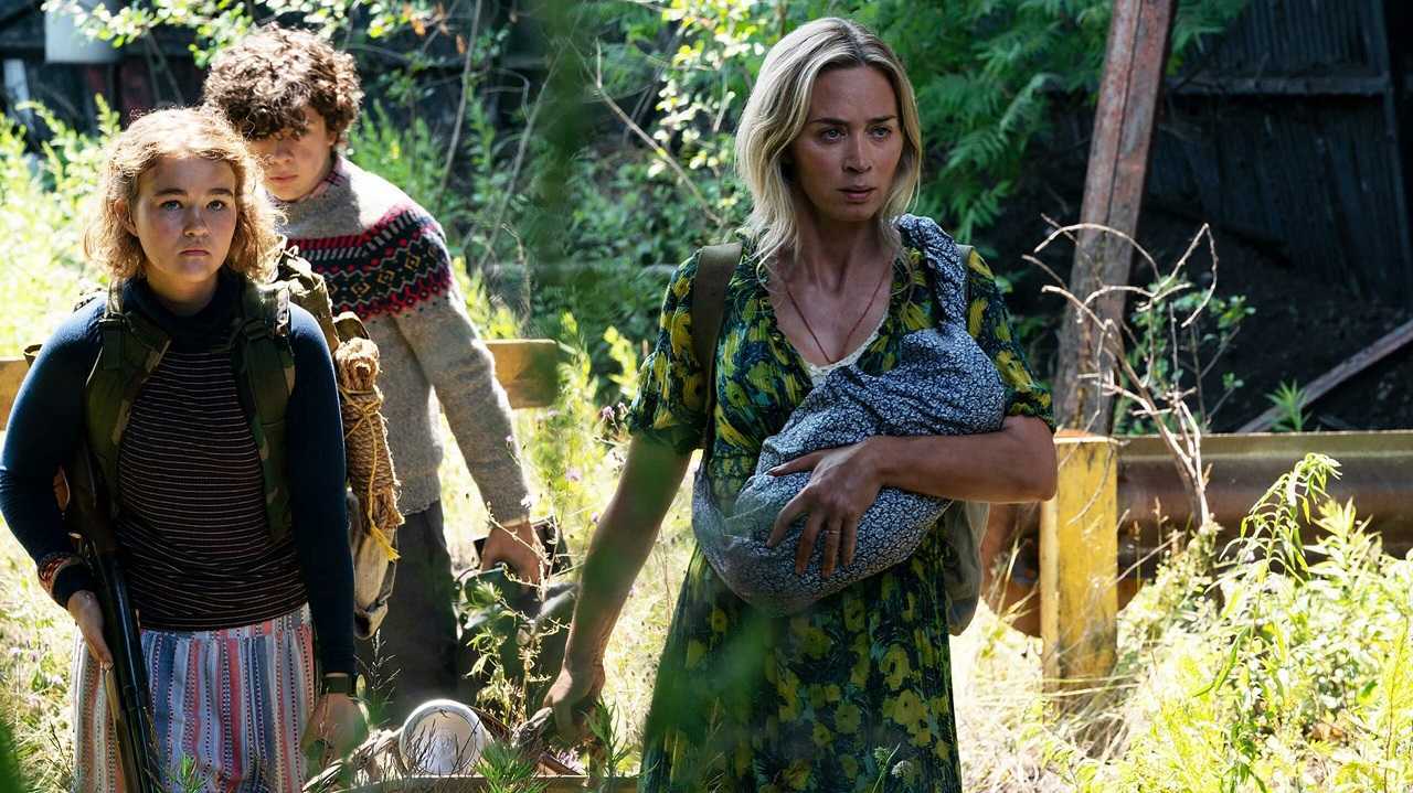 Emily Blunt and children Millicent Simmonds and Noah Jupe set out to find new shelter in A Quiet Place Part II (2020)