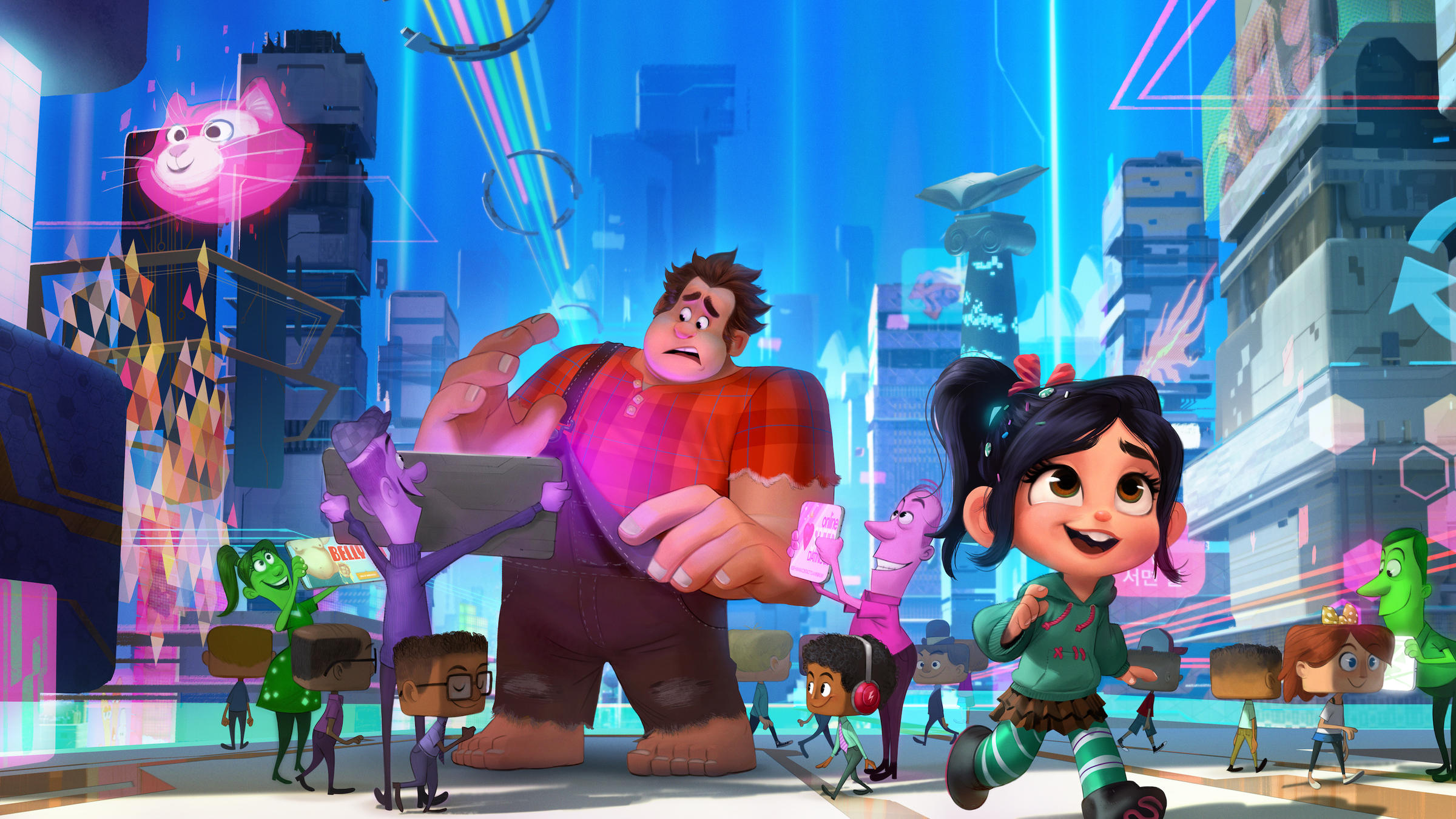 Ralph (voiced by John C. Reilly) and Vanellope (voiced by Sarah Silverman) venture out onto the internet in Ralph Breaks the Internet (2018)