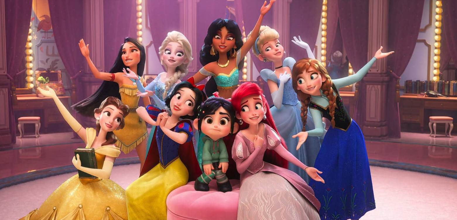 Vanellope joins the other Disney princesses - (l to r) (top row) Pocahontas, Aurora (Sleeping Beauty), Mulan, Cinderella; (bottom row) Belle, Snow White, Vanellope, Ariel and Anna in Ralph Breaks the Internet (2018)